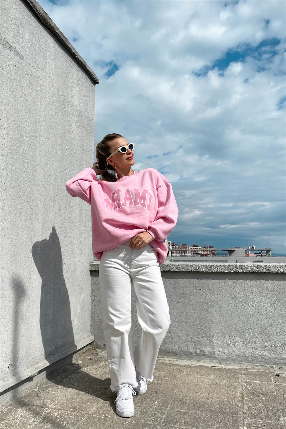 Pembe Miami Baskılı Sweatshirt