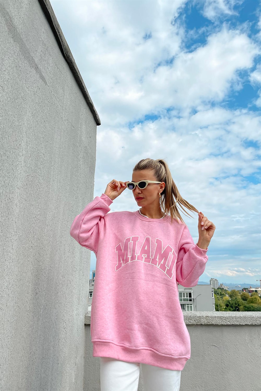 Pembe Miami Baskılı Sweatshirt