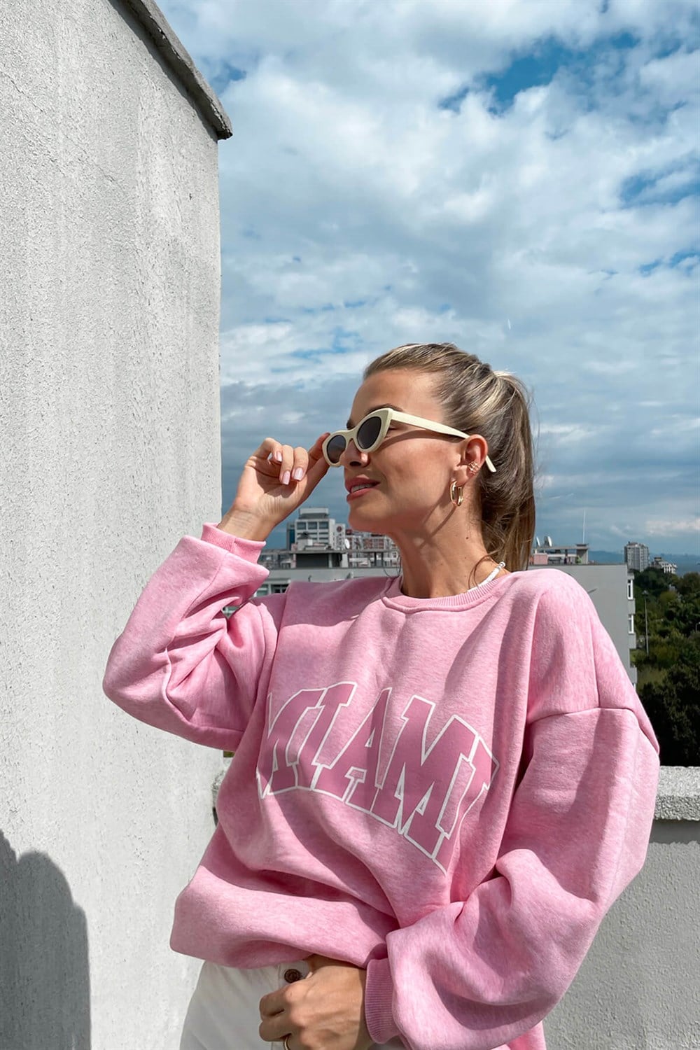Pembe Miami Baskılı Sweatshirt