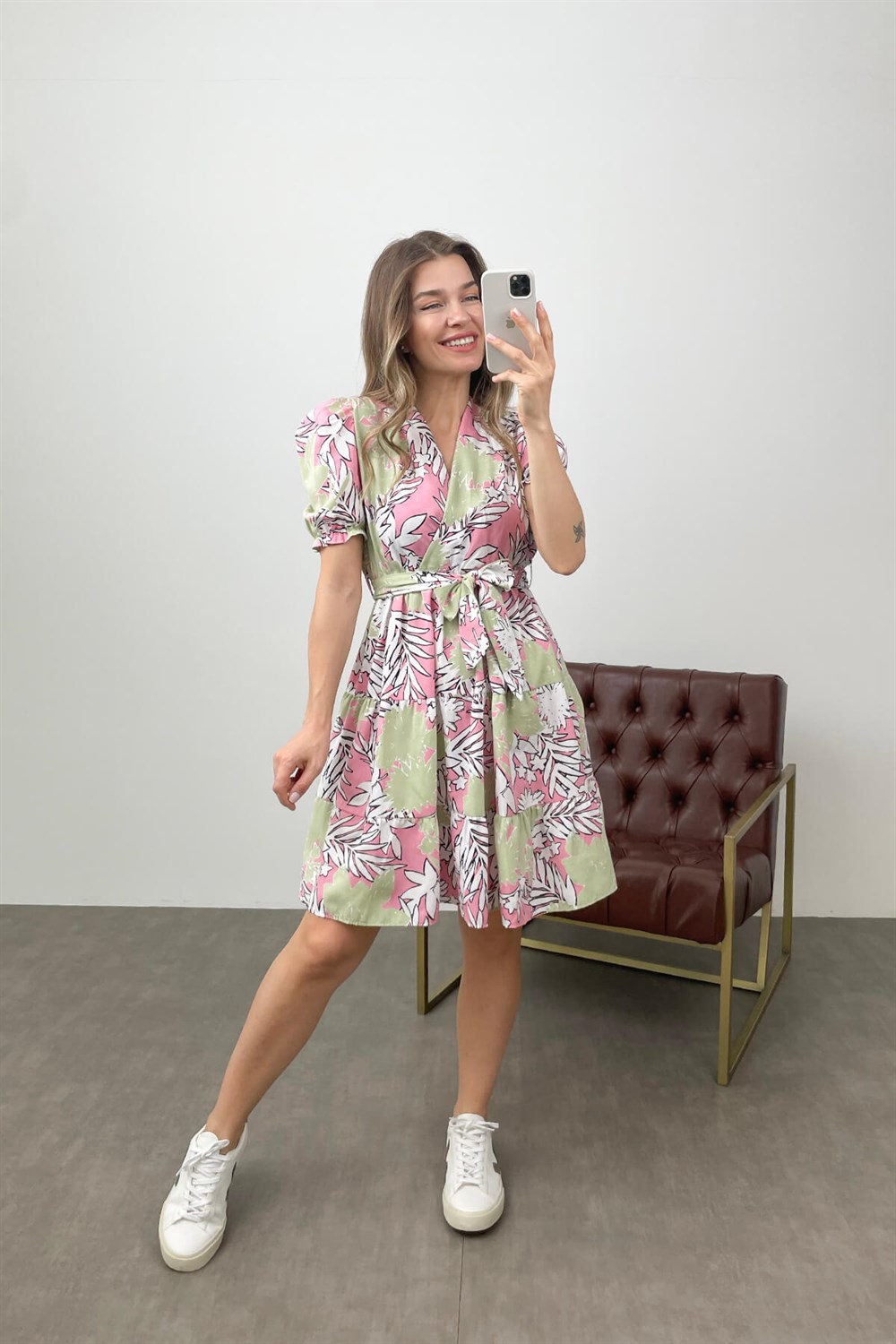 Pembe Mint Kuşaklı Kruvaze Elbise