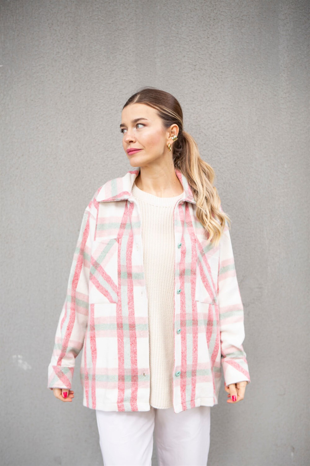 Pembe Mint Yeşili Çift Cepli Düğmeli Oduncu Gömleği