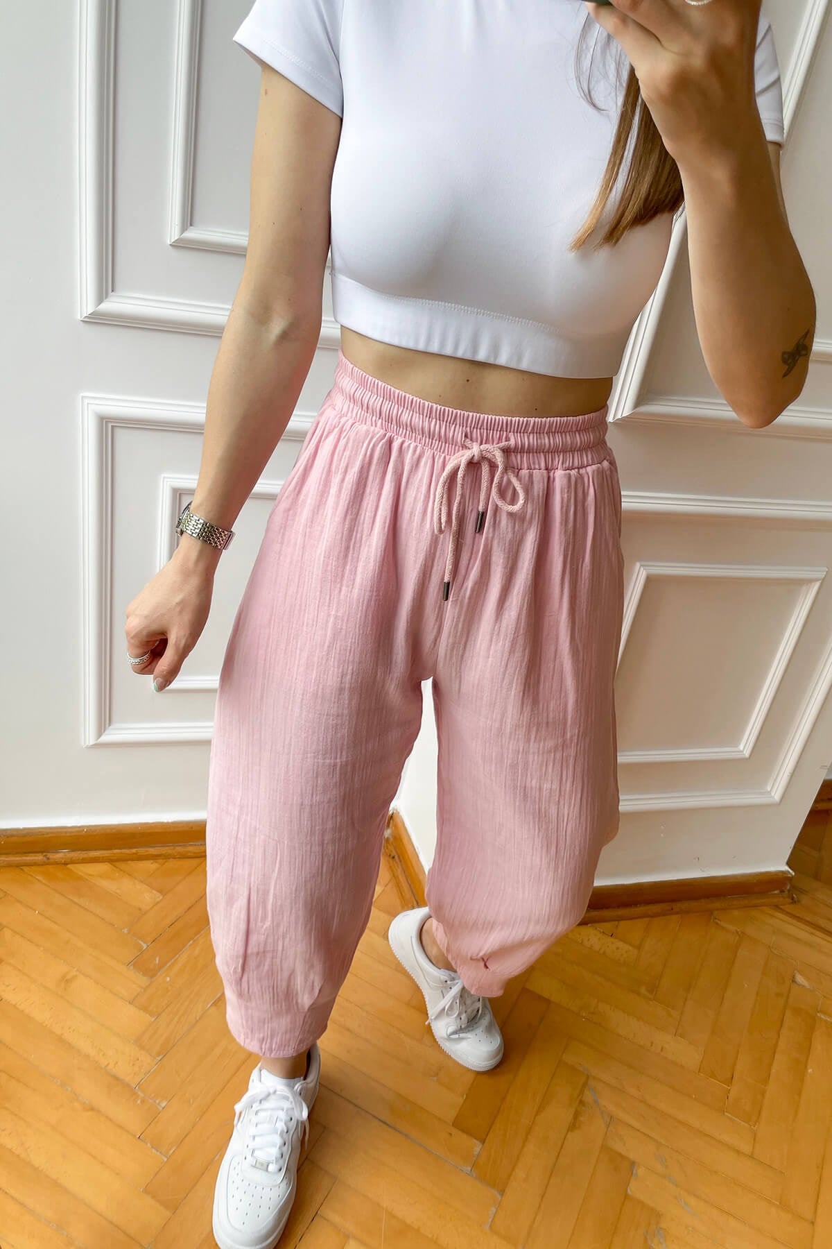 Pembe Müslin Kumaş Pantolon