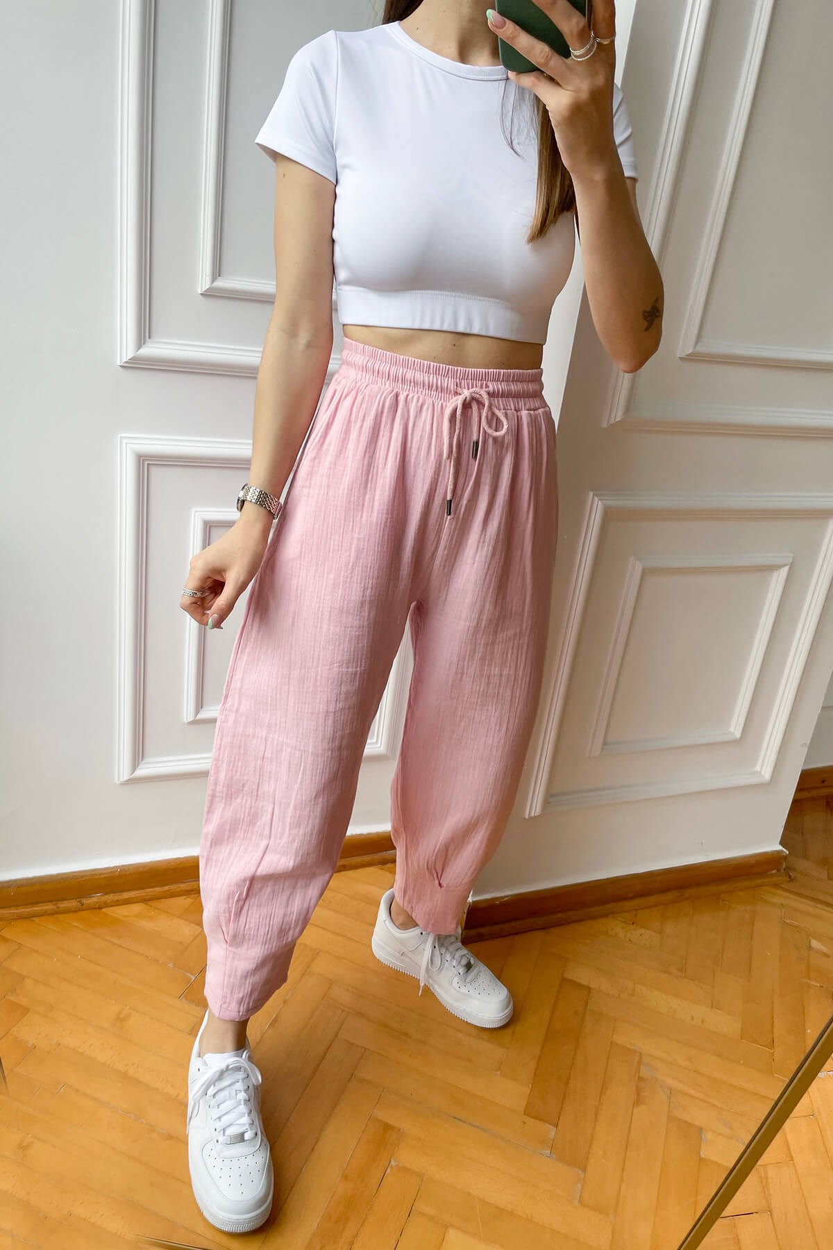 Pembe Müslin Kumaş Pantolon
