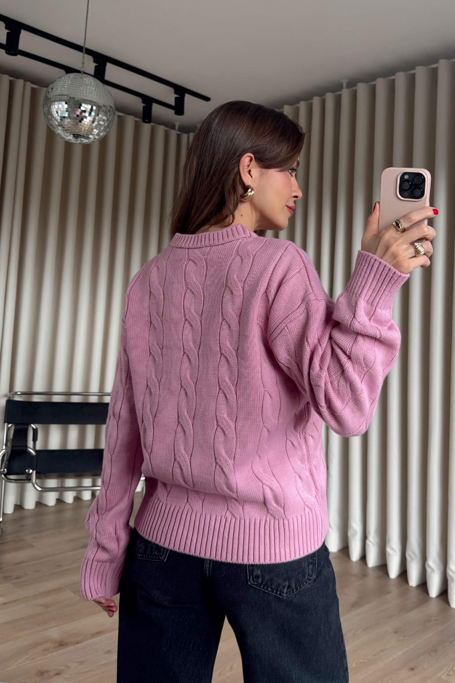 Pembe Örgü Model Triko Kazak