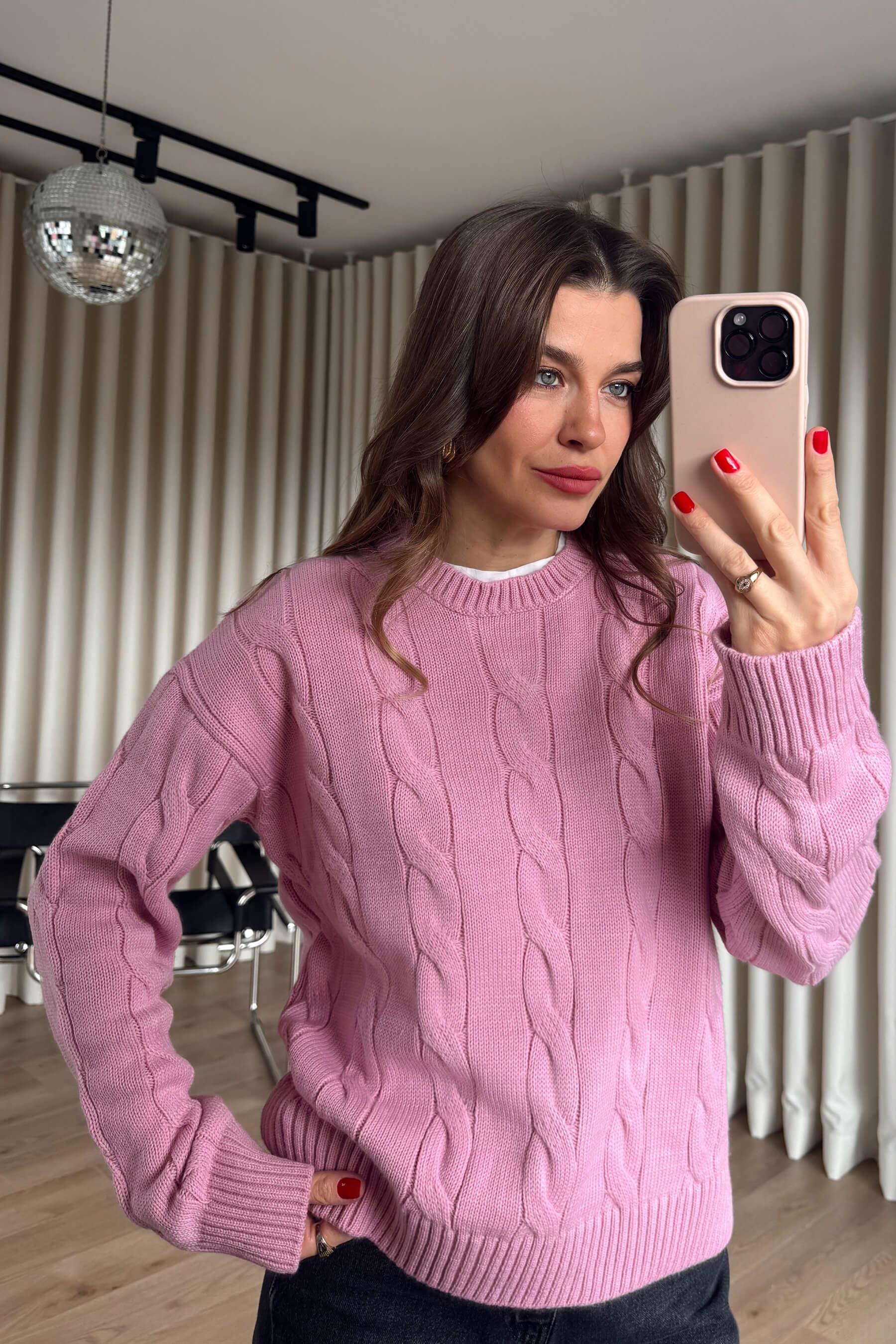 Pembe Örgü Model Triko Kazak