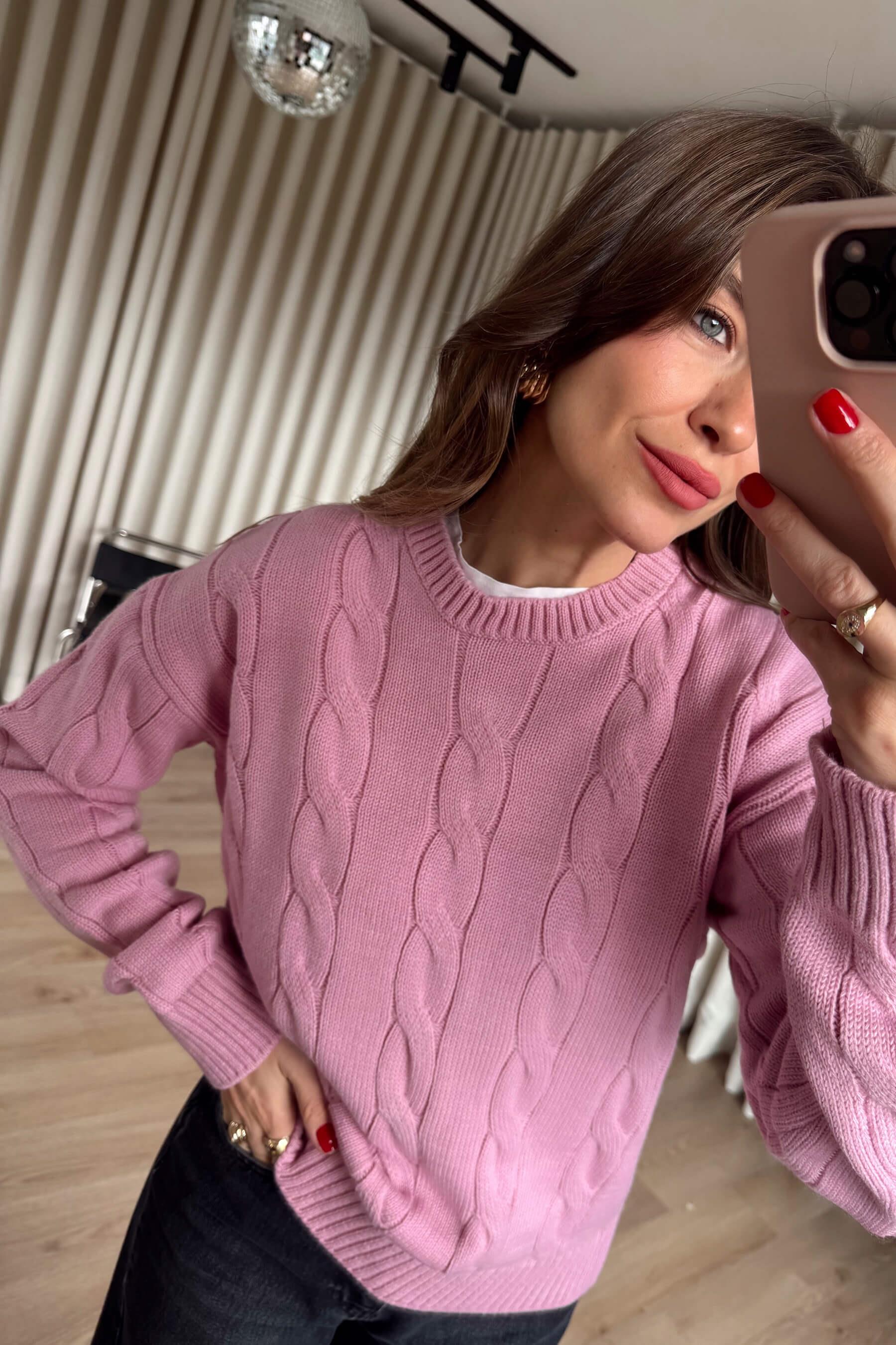 Pembe Örgü Model Triko Kazak