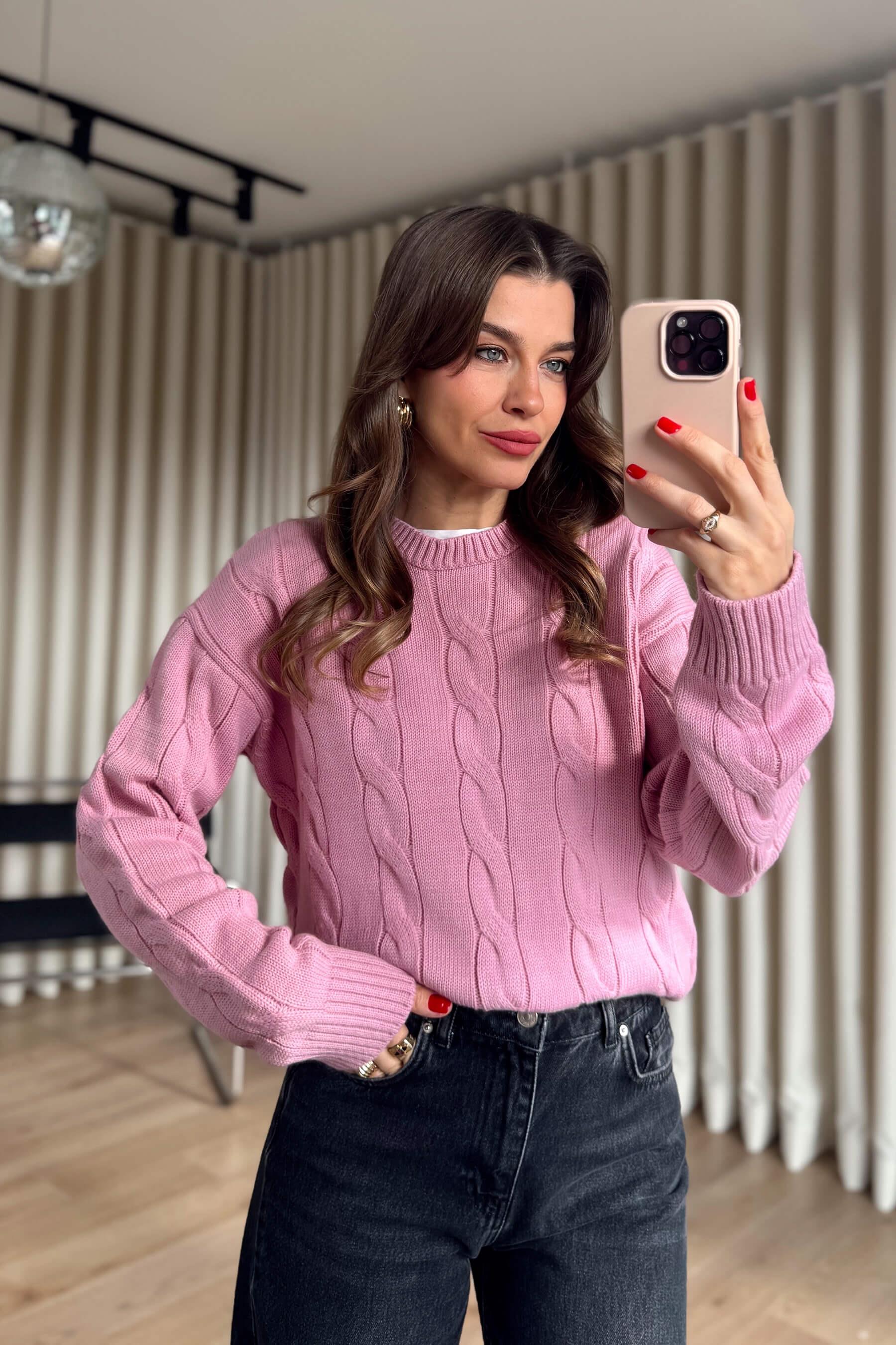 Pembe Örgü Model Triko Kazak