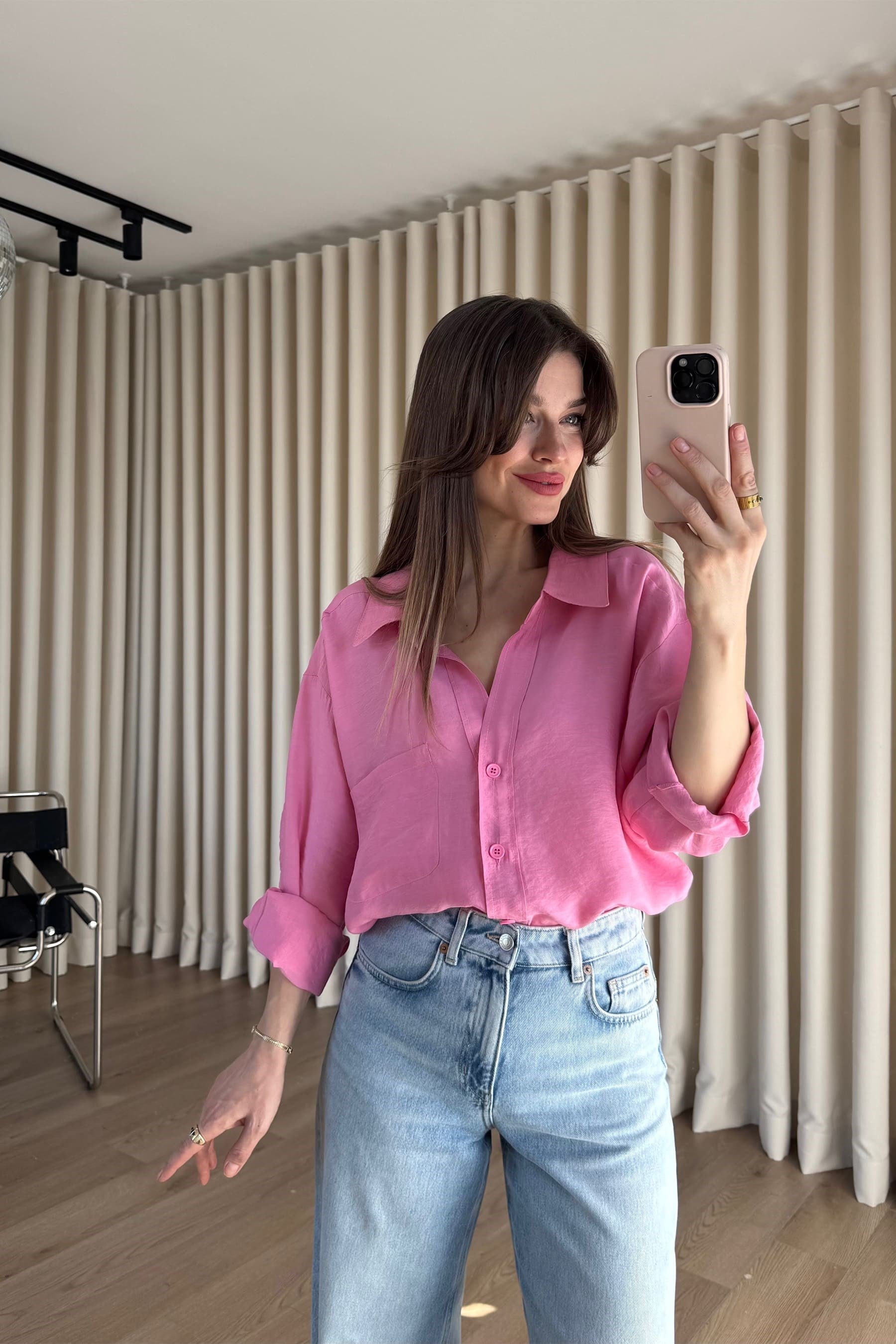 Pembe Oversize Modal Kumaş Gömlek
