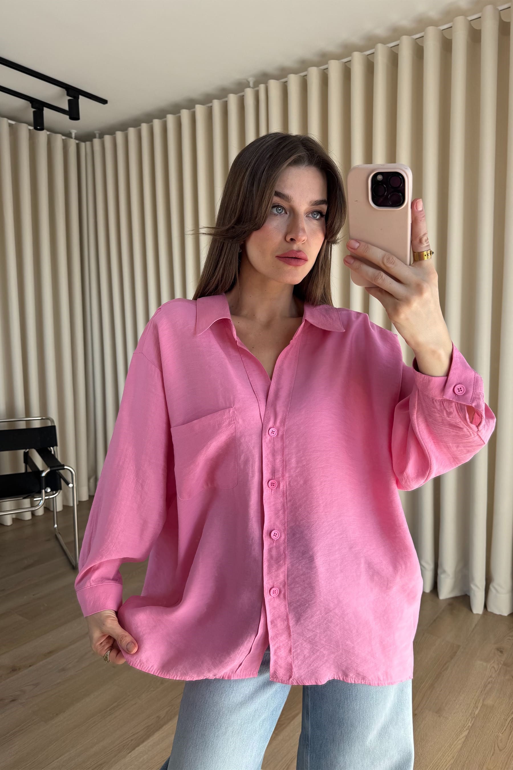 Pembe Oversize Modal Kumaş Gömlek