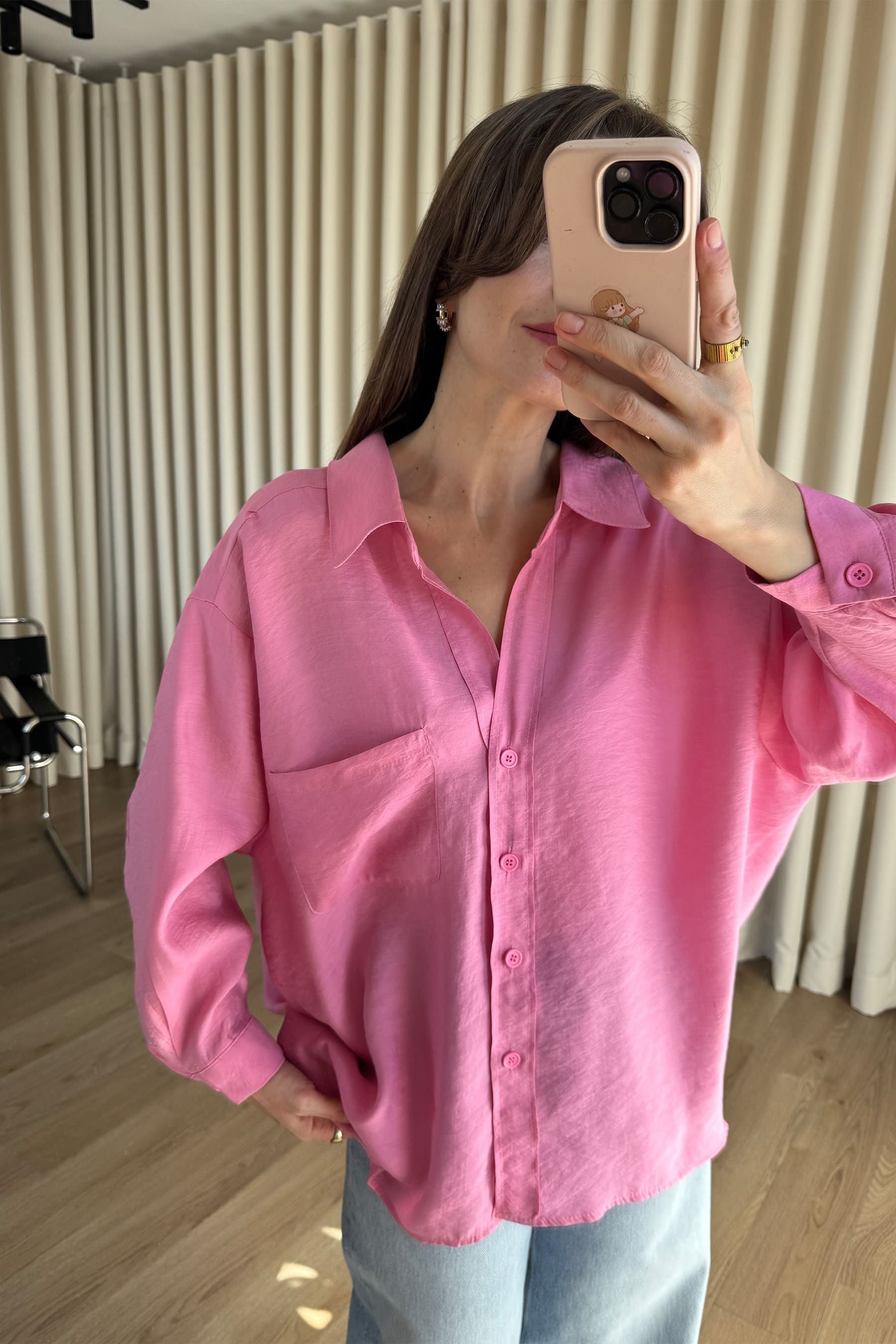 Pembe Oversize Modal Kumaş Gömlek