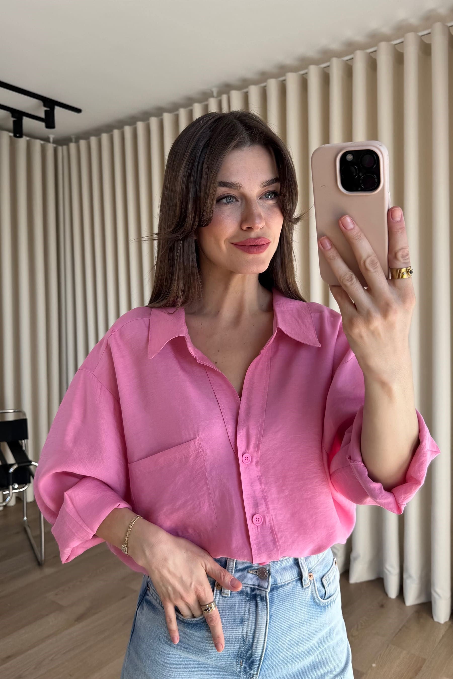 Pembe Oversize Modal Kumaş Gömlek