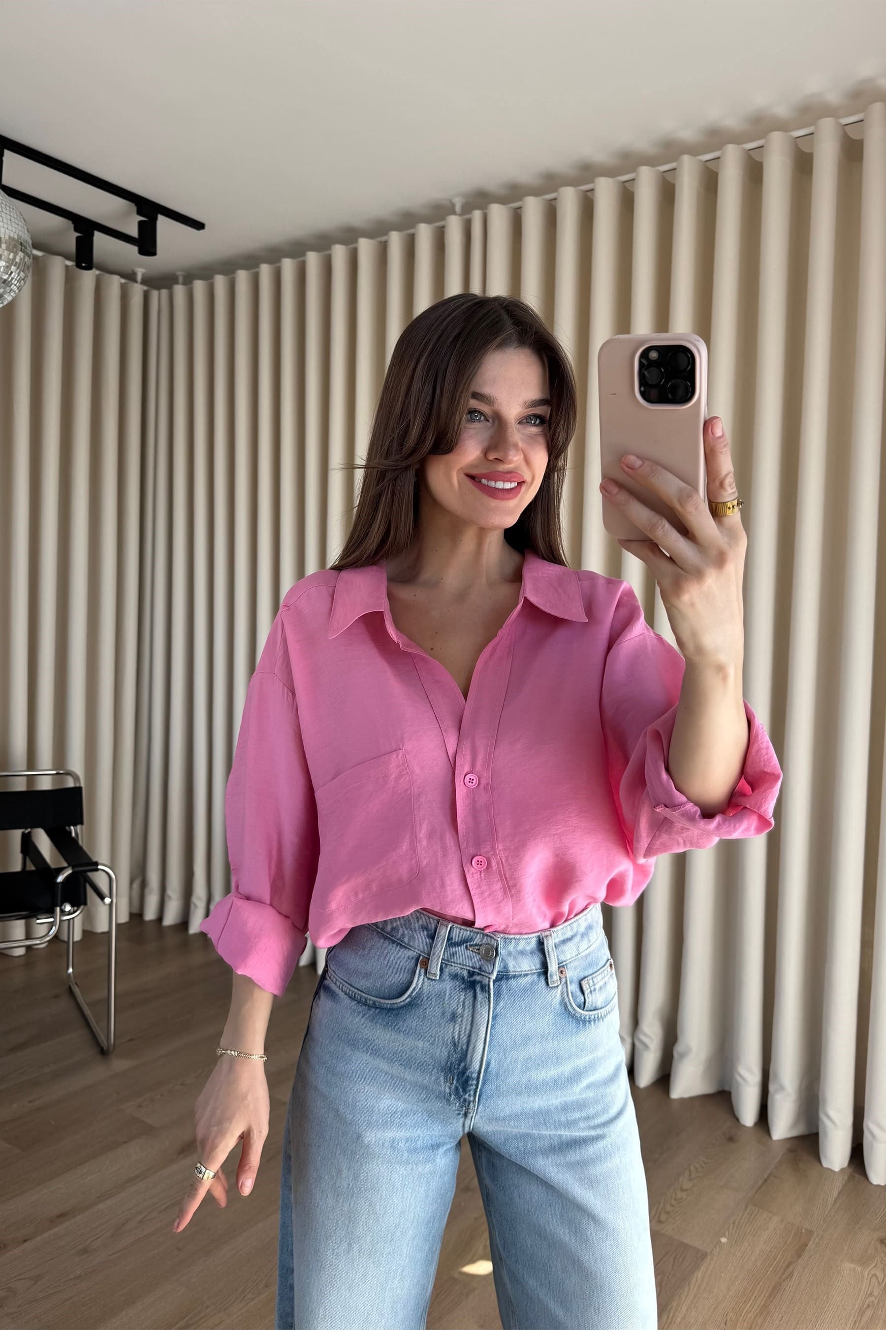 Pembe Oversize Modal Kumaş Gömlek