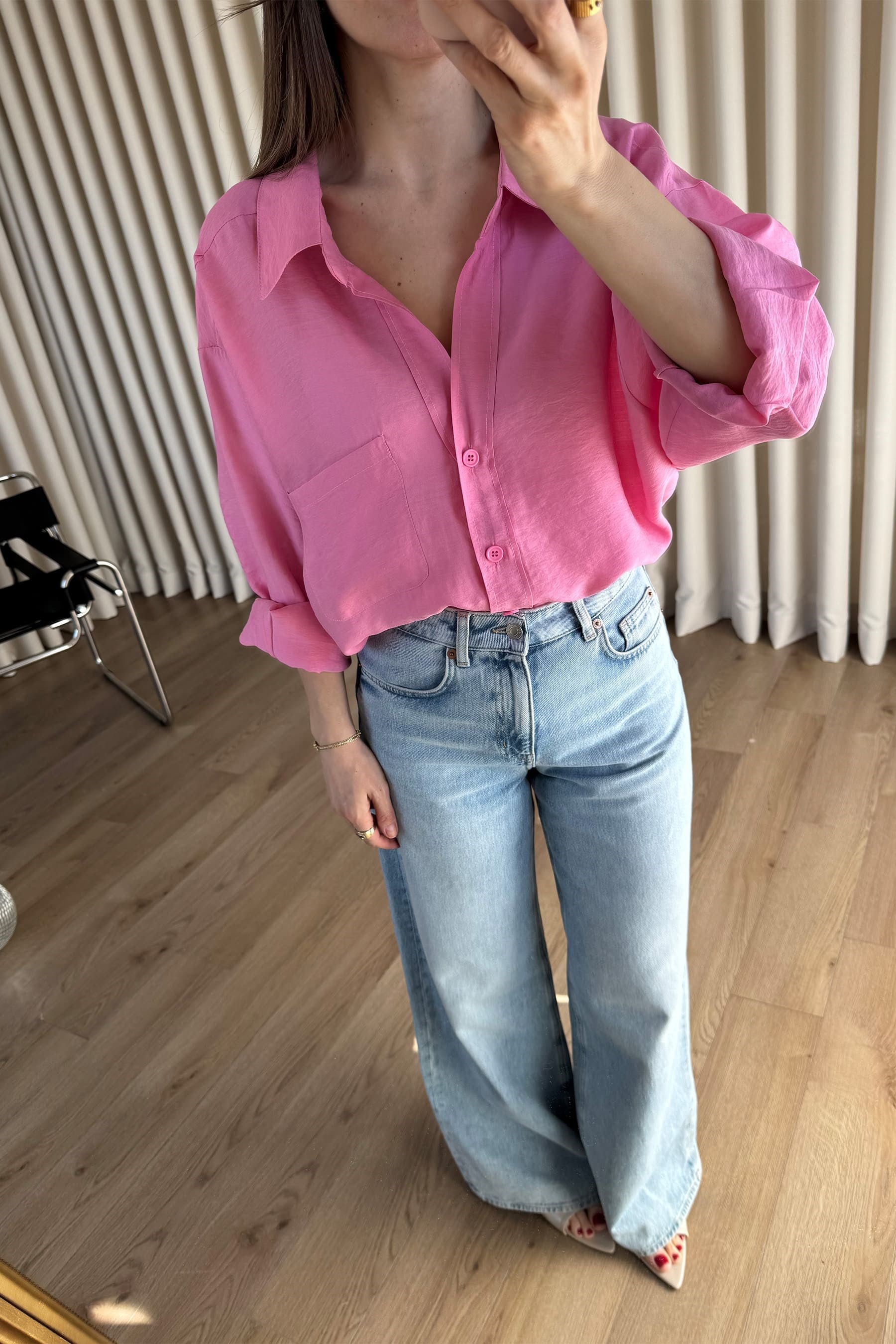 Pembe Oversize Modal Kumaş Gömlek