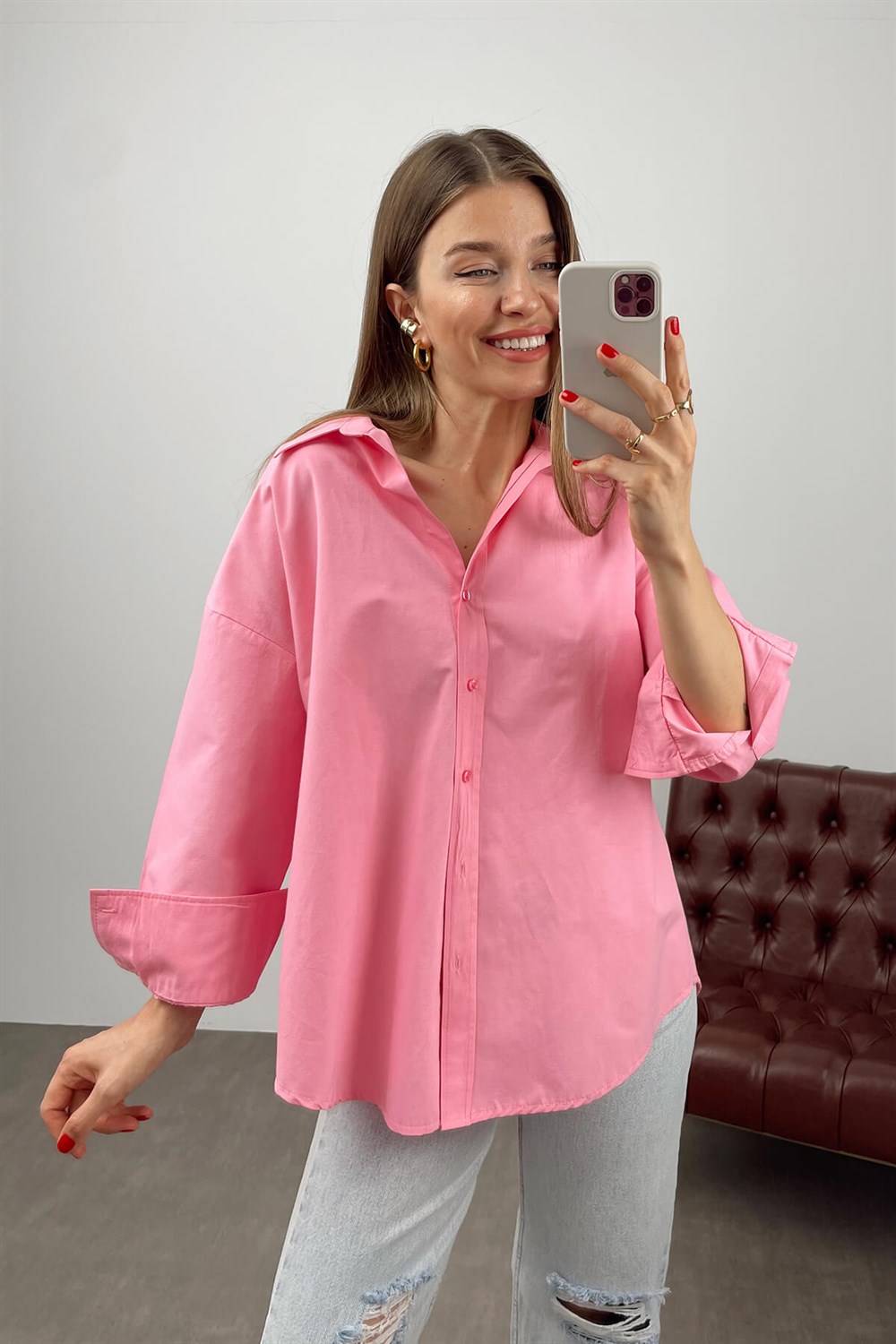Pembe Oversize Poplin Gömlek
