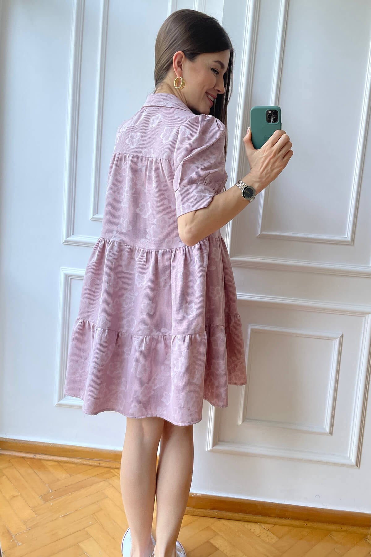 Pembe Petek Dokulu Gömlek Elbise