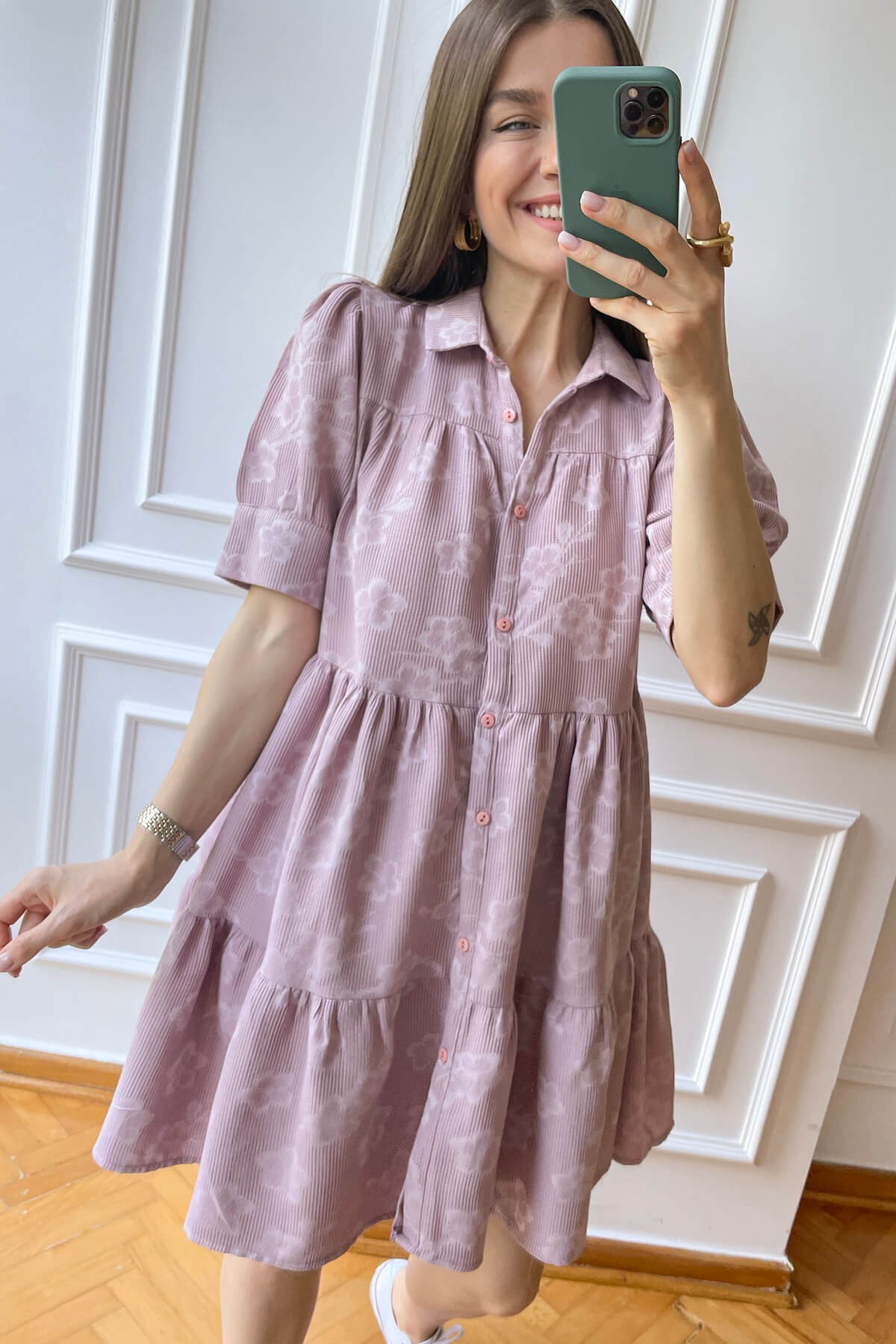 Pembe Petek Dokulu Gömlek Elbise