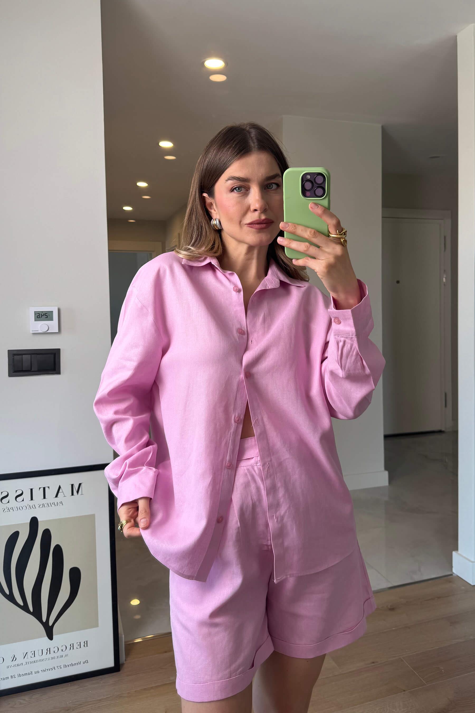 Pembe Premium Keten Gömlek