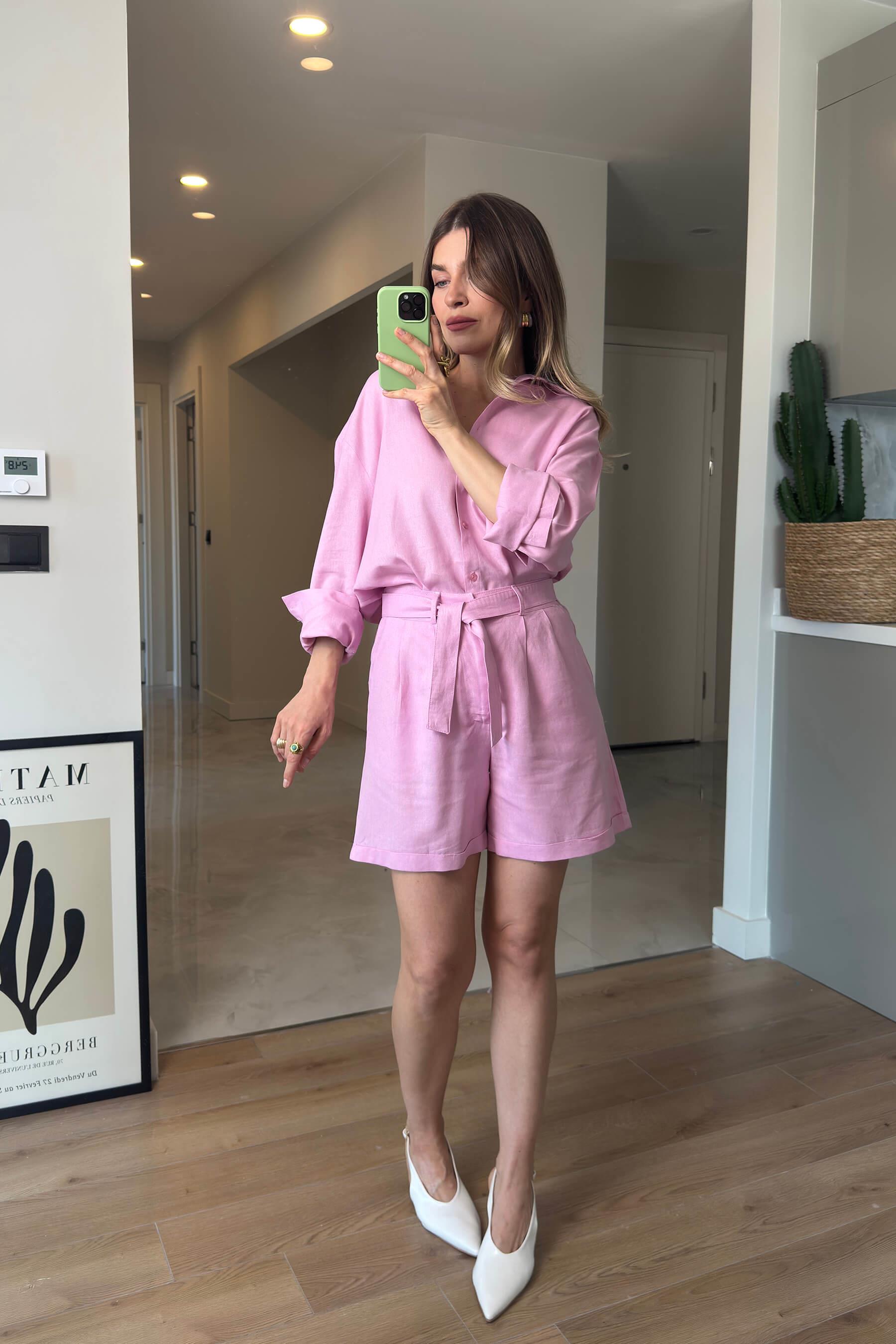 Pembe Premium Keten Gömlek