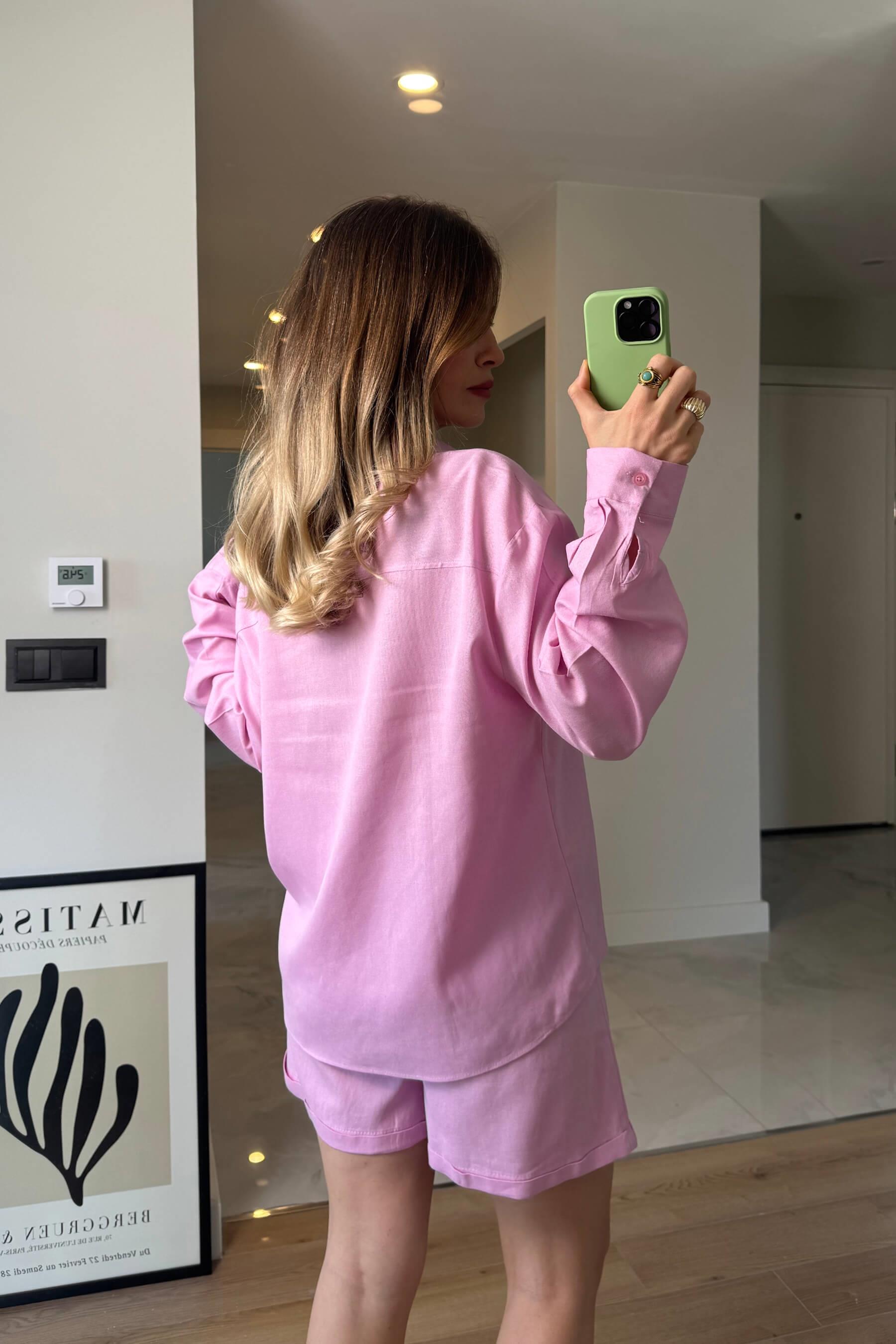 Pembe Premium Kuşaklı Keten Şort