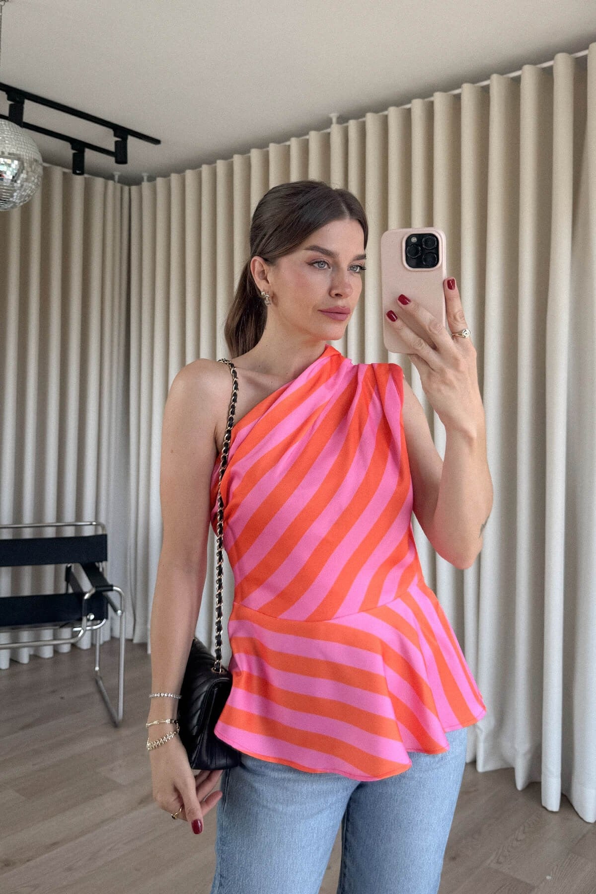 Pembe Turuncu Tek Omuz Asimetrik Bluz
