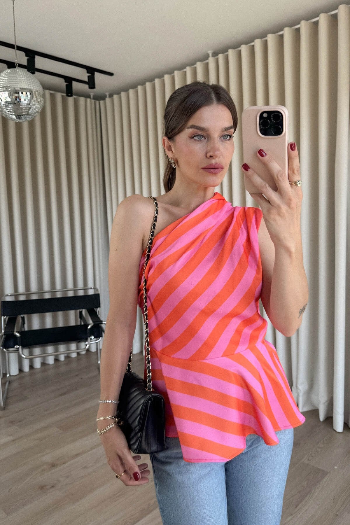 Pembe Turuncu Tek Omuz Asimetrik Bluz