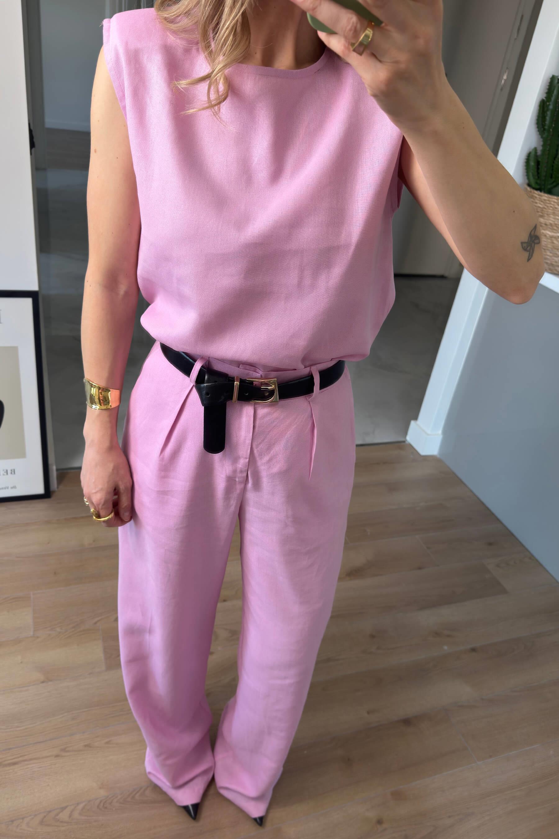 Pembe Vatkalı Kolsuz Keten Bluz Pantolon Takım