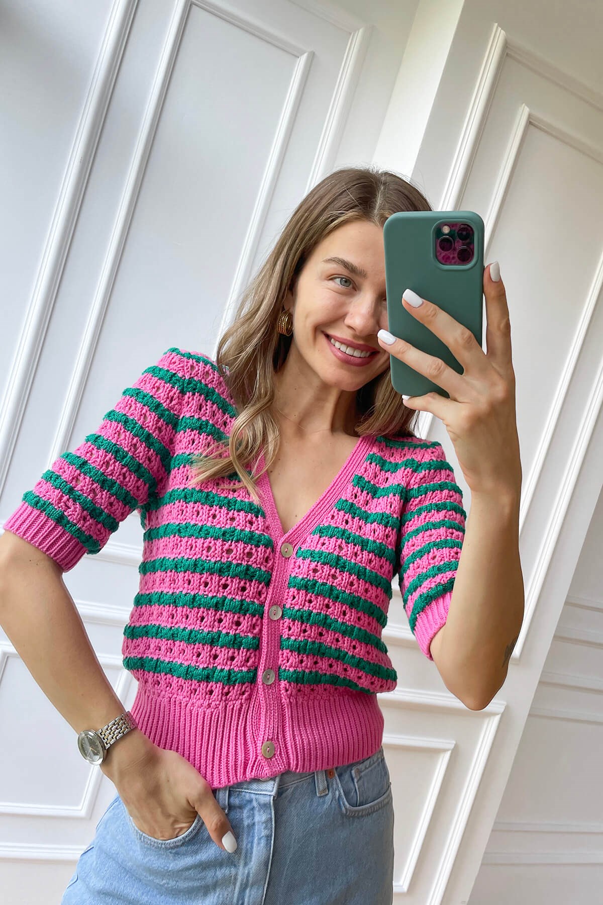 Pembe Yeşil Çizgili Hırka