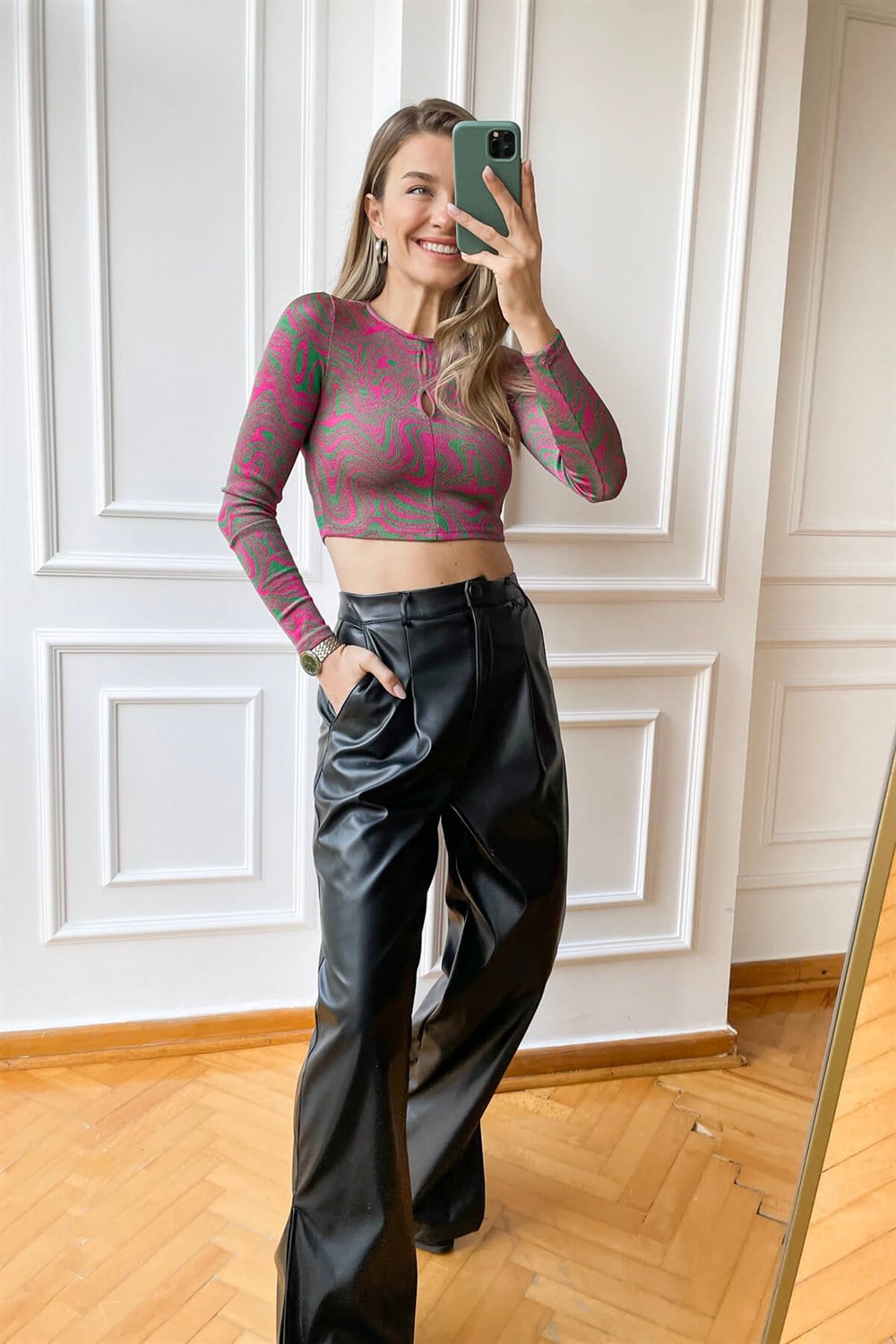 Pembe Yeşil Uzun Kollu Crop Top