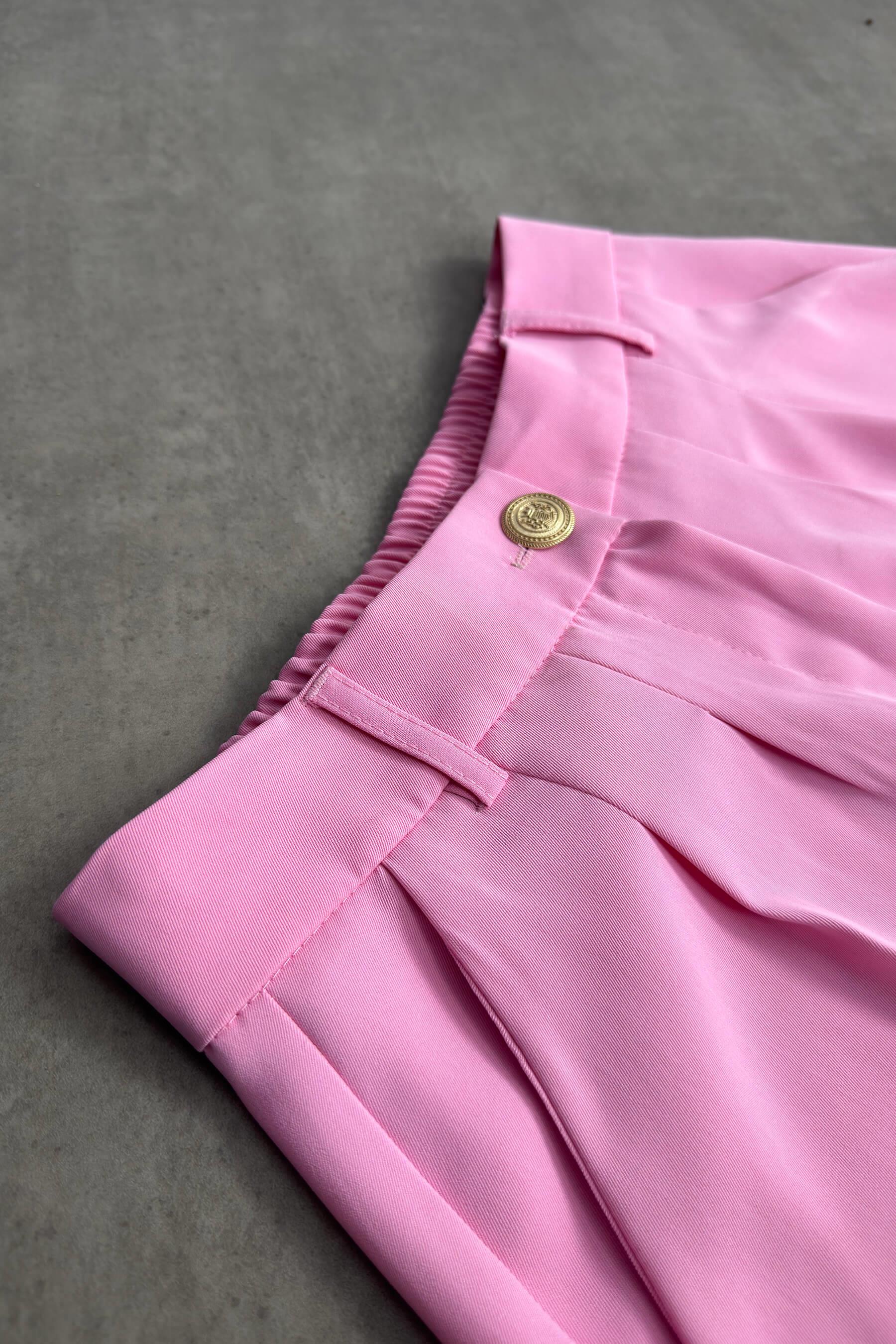 Pembe Yüksek Bel Beli Lastikli Pileli Pantolon