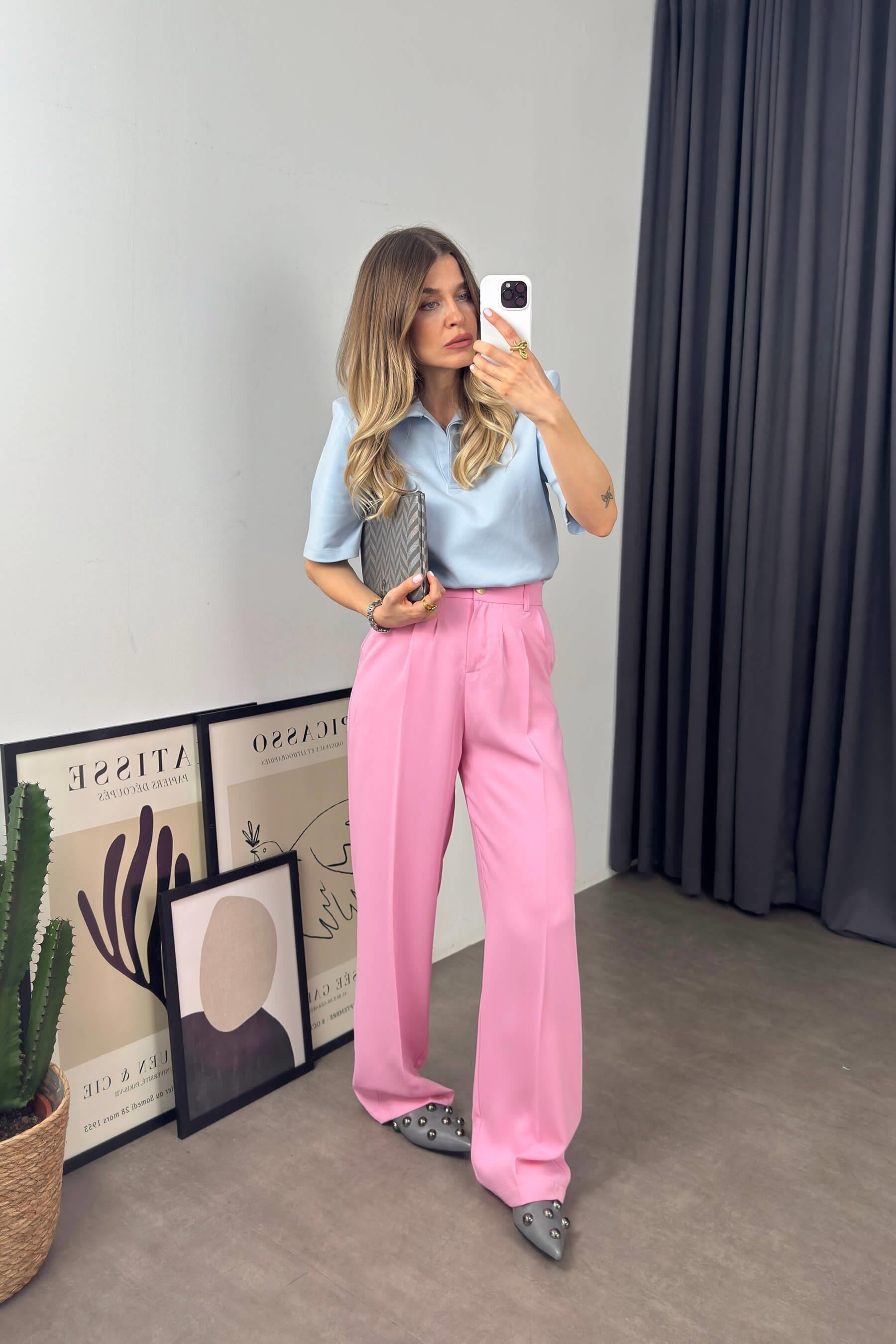 Pembe Yüksek Bel Beli Lastikli Pileli Pantolon