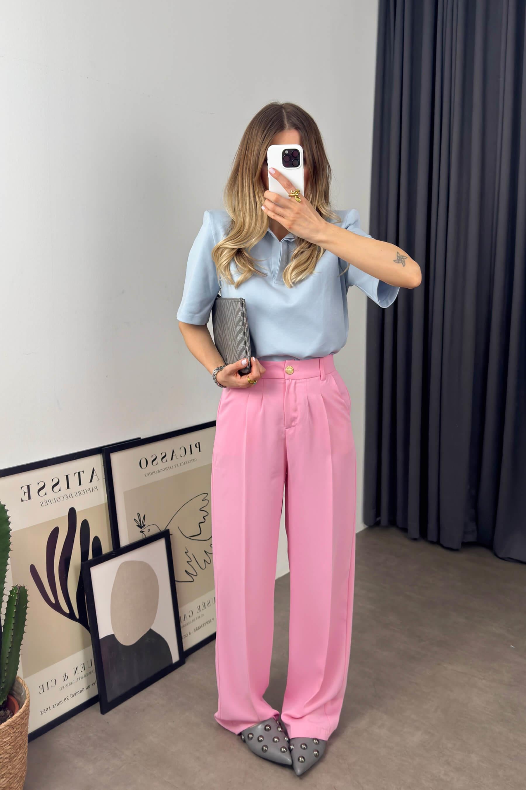 Pembe Yüksek Bel Beli Lastikli Pileli Pantolon