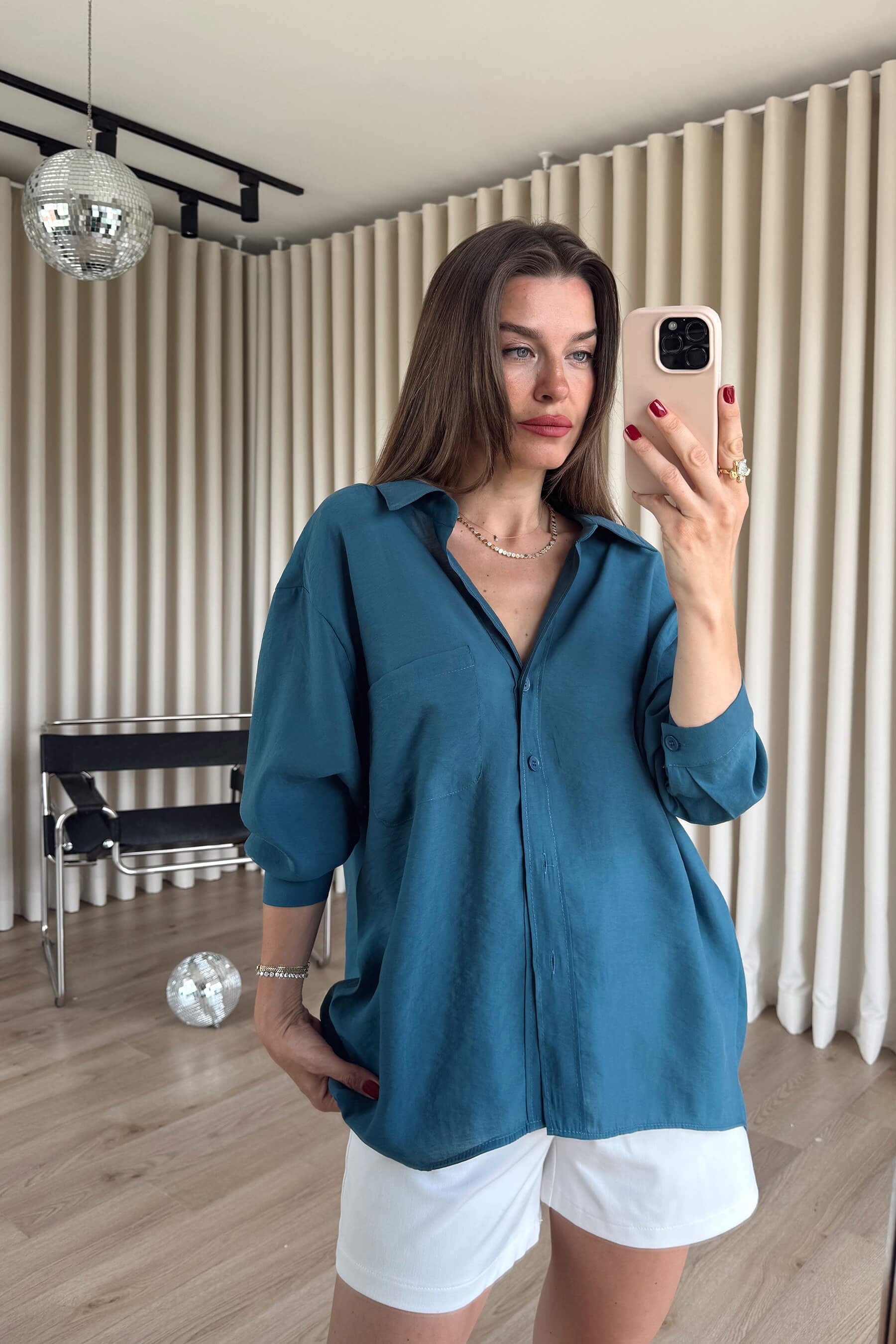 Petrol Mavisi Oversize Modal Kumaş Gömlek