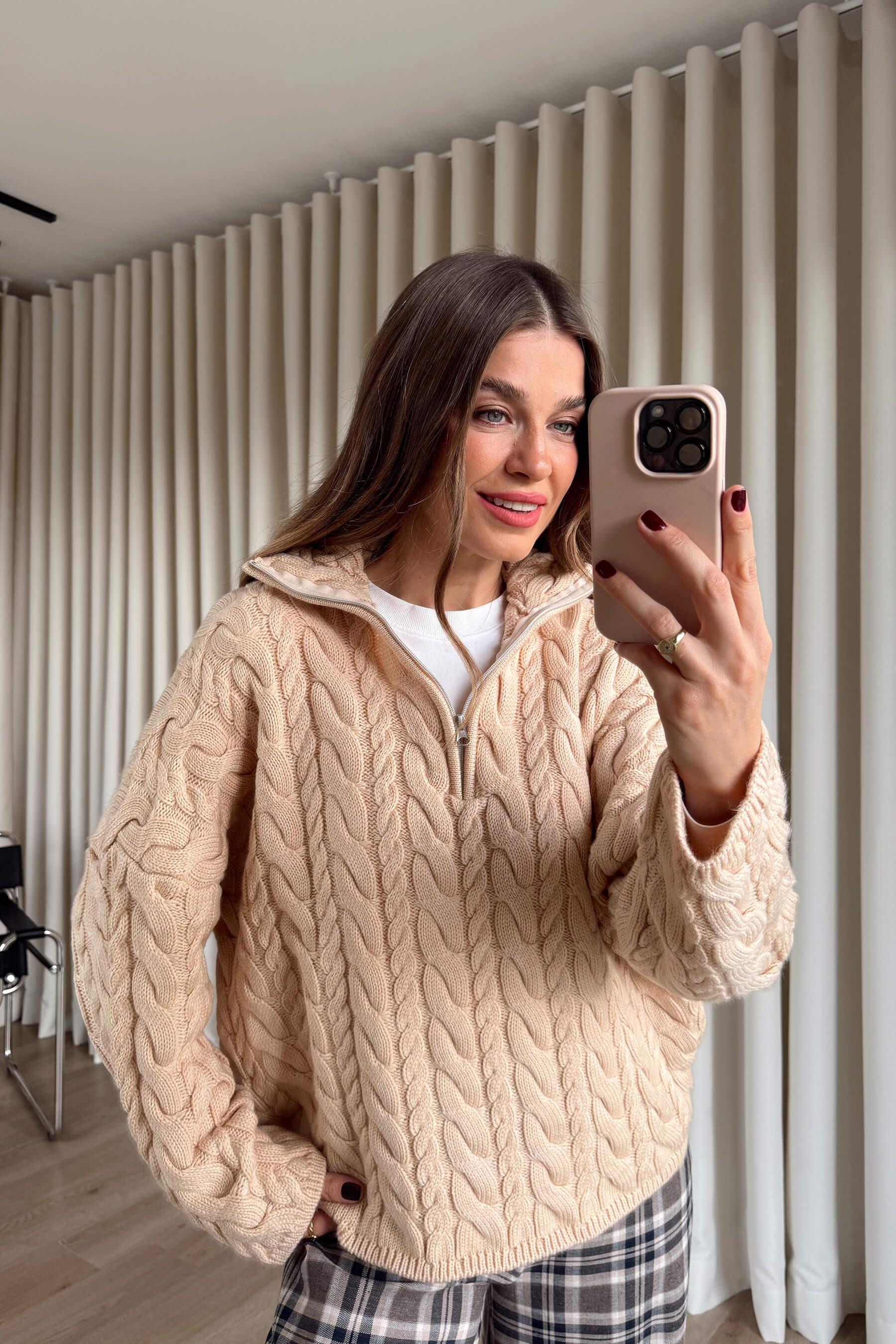 Pudra Fermuarlı Saç Örgü Kazak