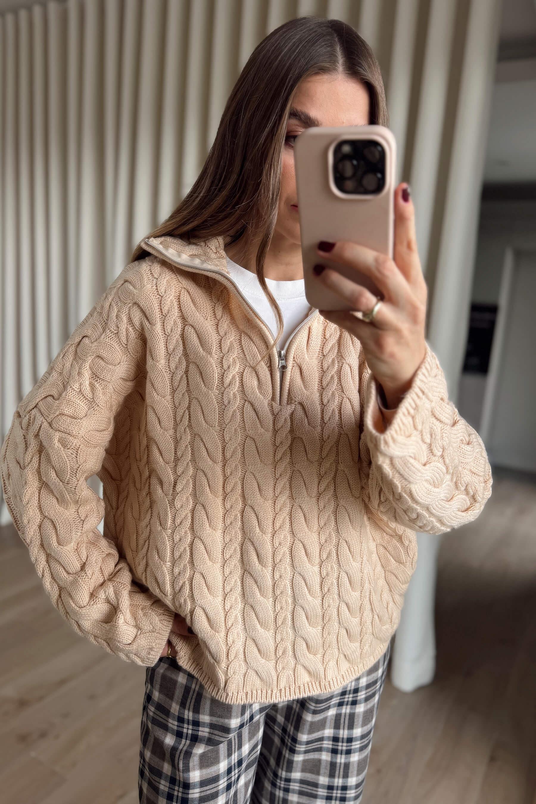 Pudra Fermuarlı Saç Örgü Kazak