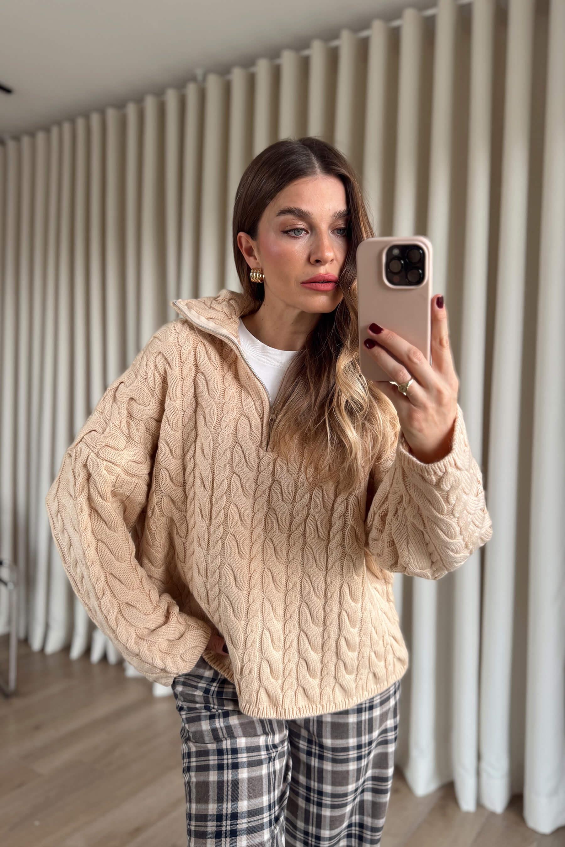 Pudra Fermuarlı Saç Örgü Kazak