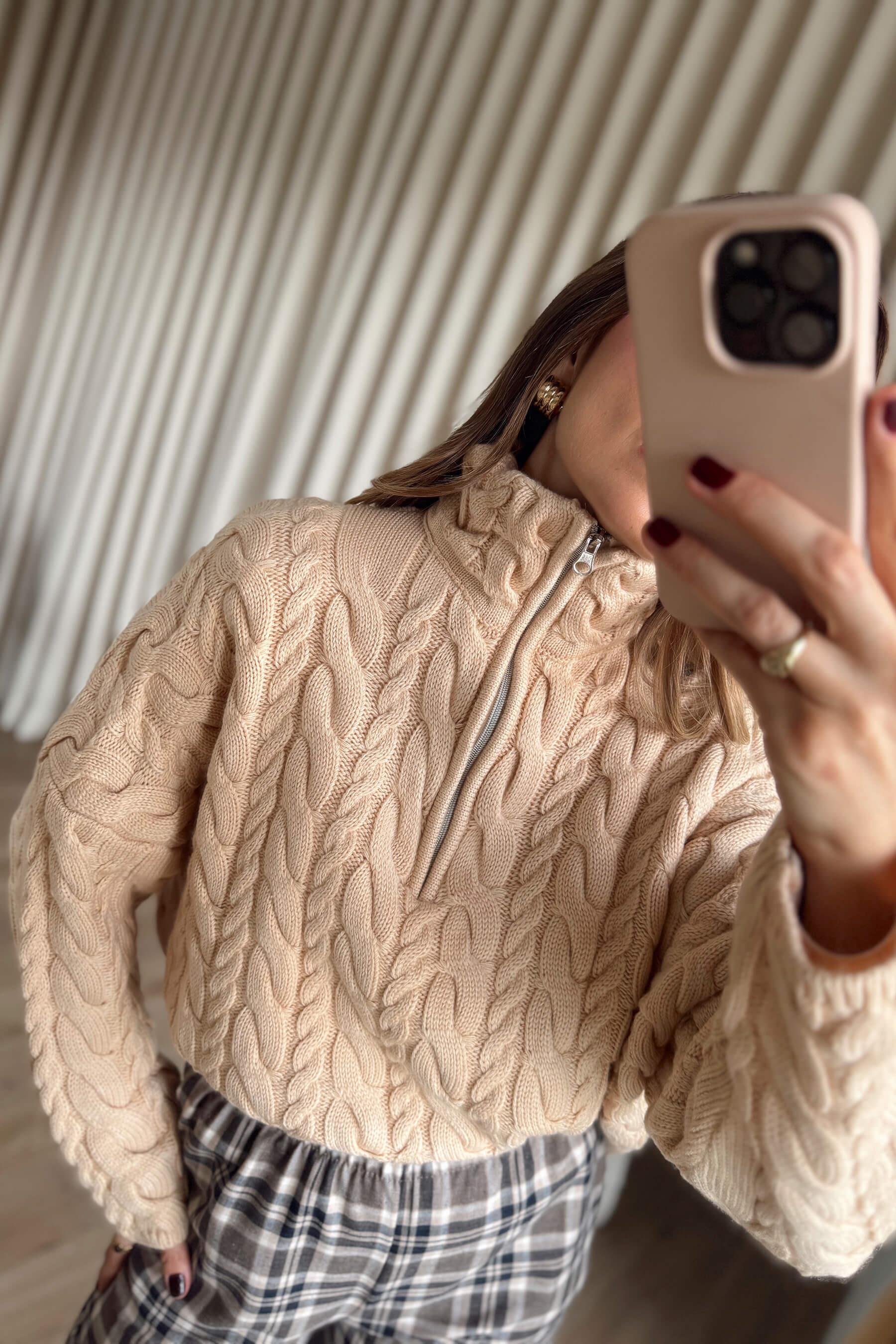 Pudra Fermuarlı Saç Örgü Kazak