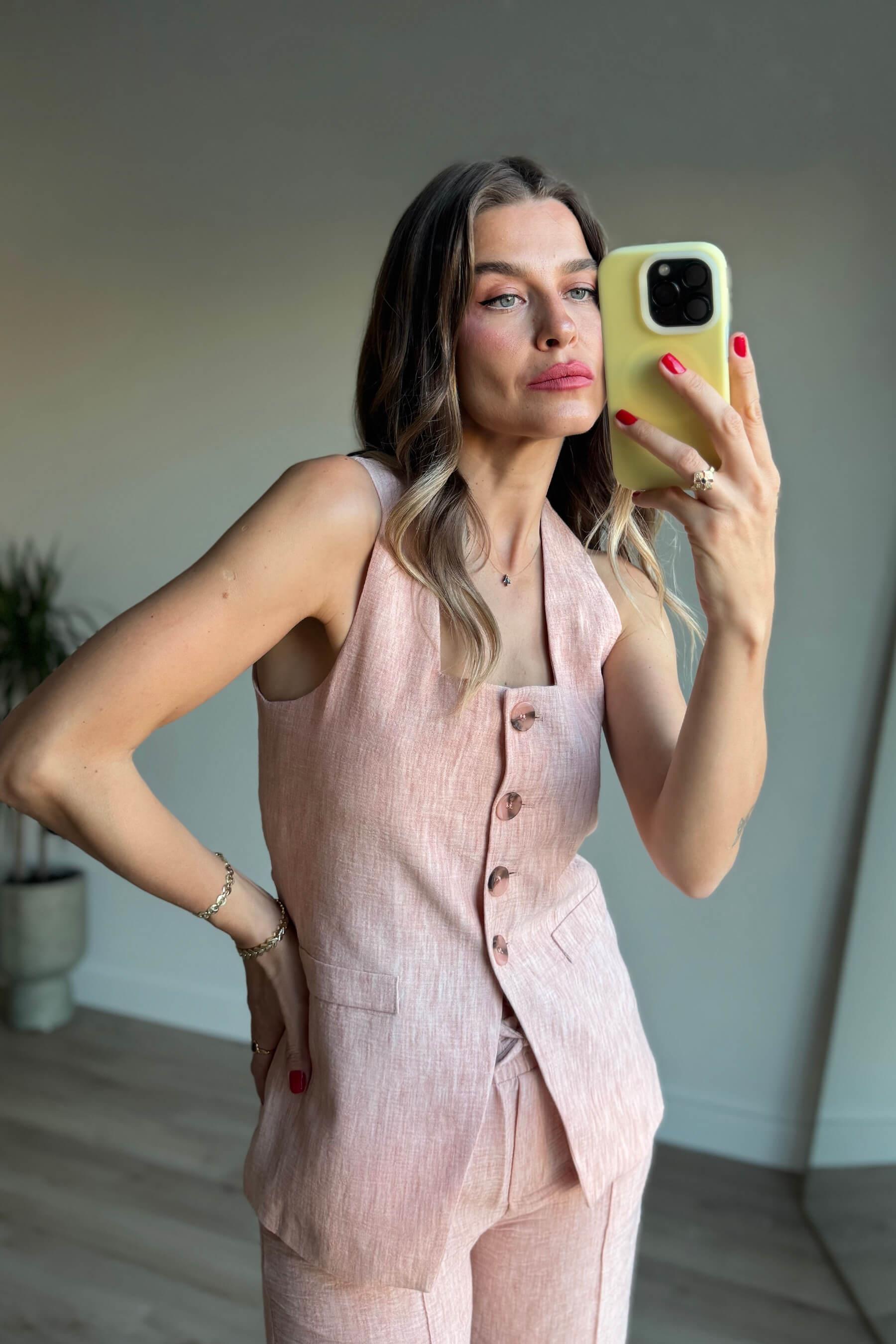 Pudra Pembesi Düğmeli Premium Keten Pantolon Takım