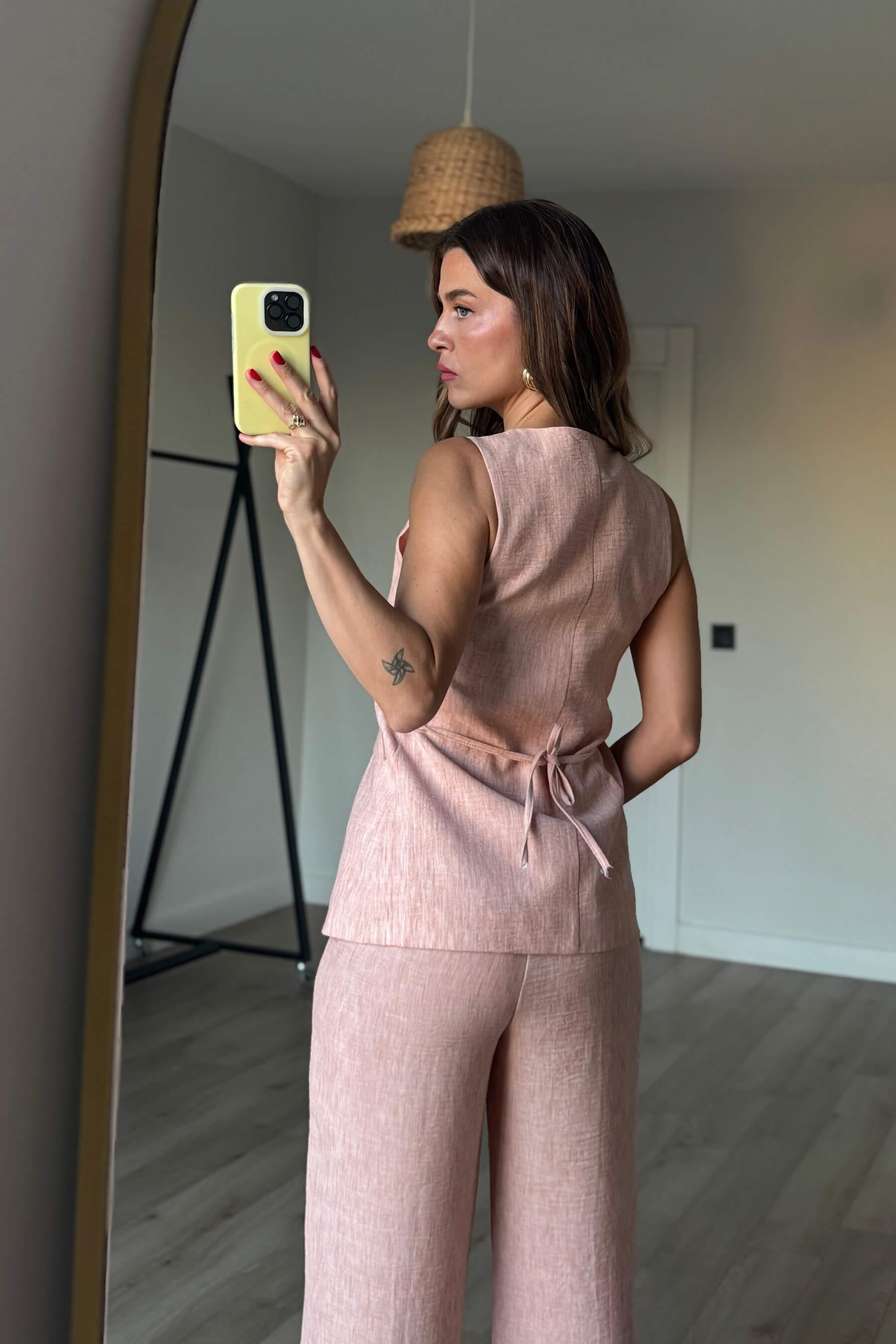 Pudra Pembesi Düğmeli Premium Keten Pantolon Takım