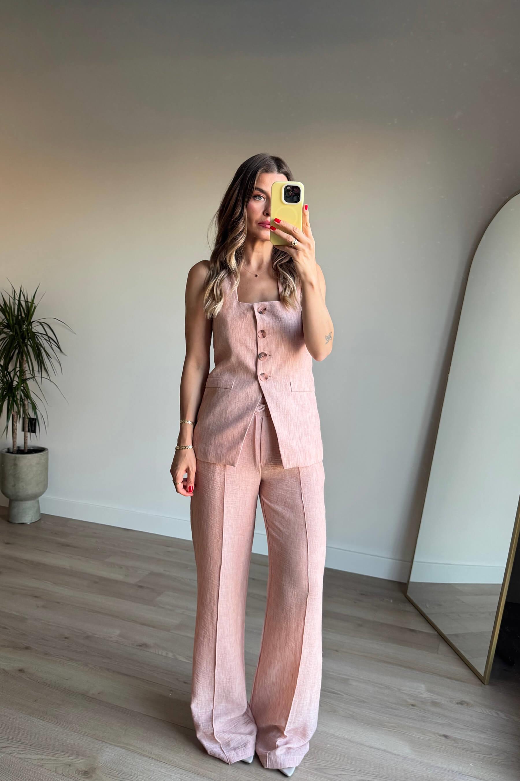 Pudra Pembesi Düğmeli Premium Keten Pantolon Takım