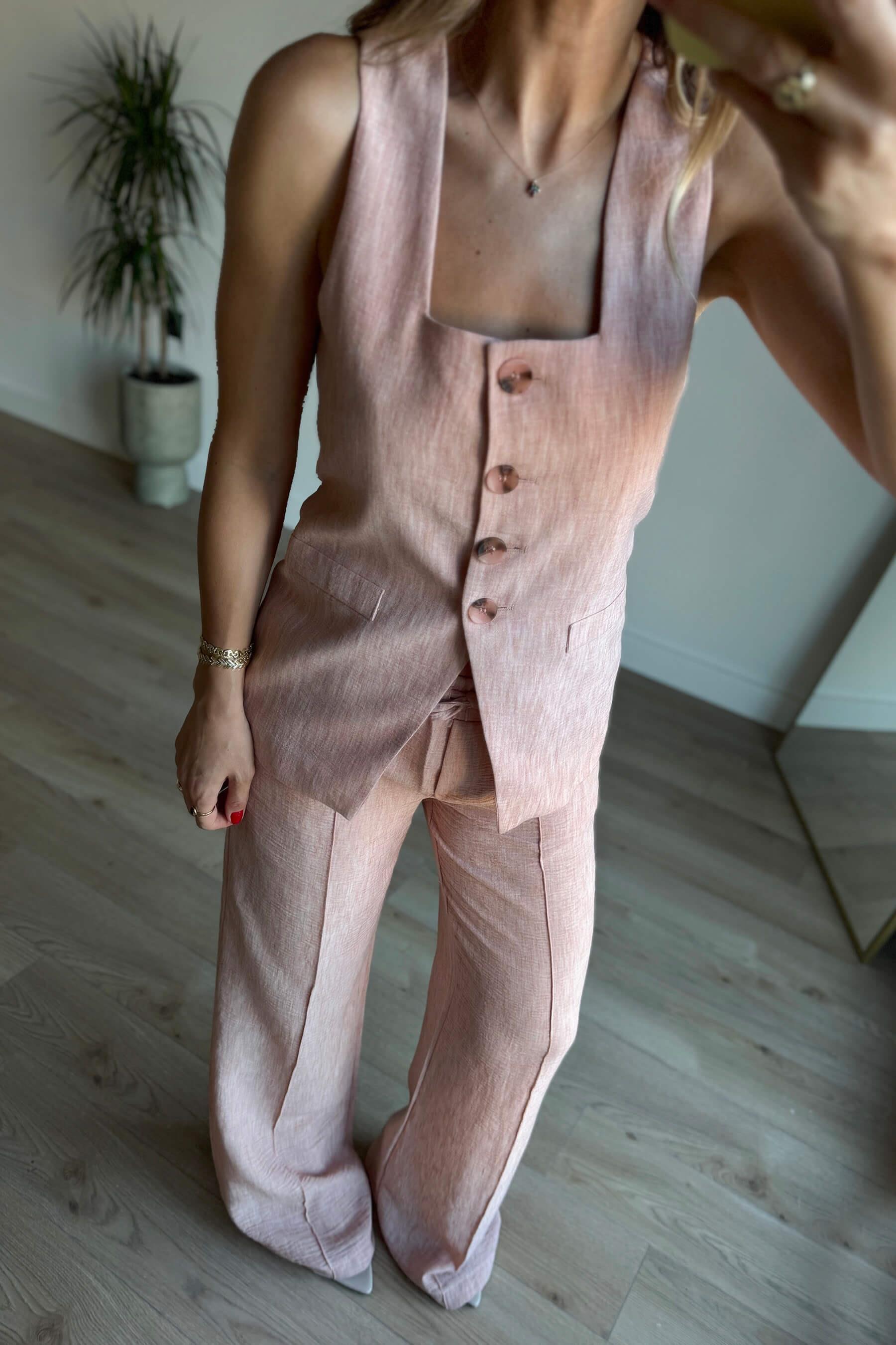 Pudra Pembesi Düğmeli Premium Keten Pantolon Takım