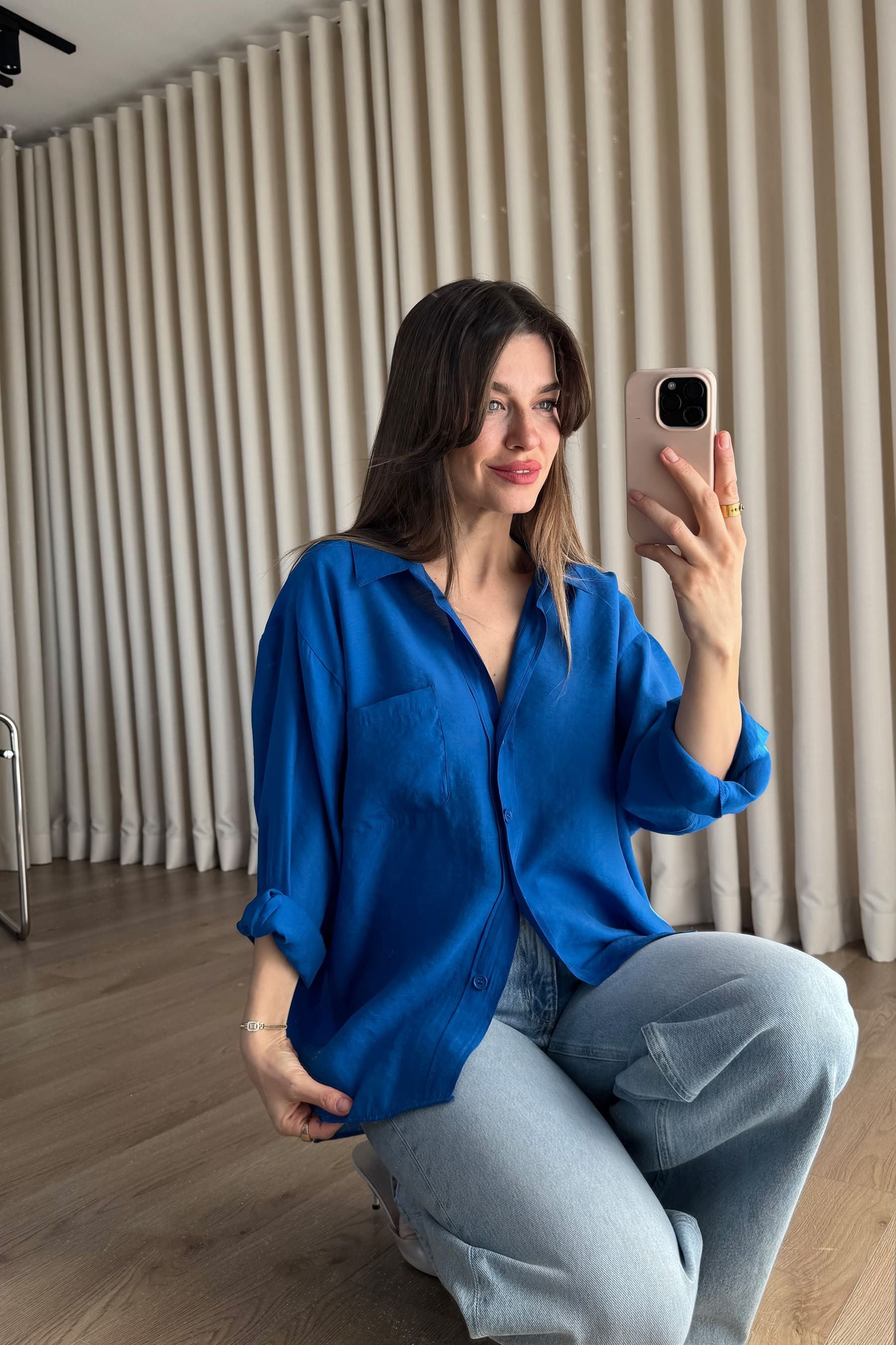 Saks Mavi Oversize Modal Kumaş Gömlek