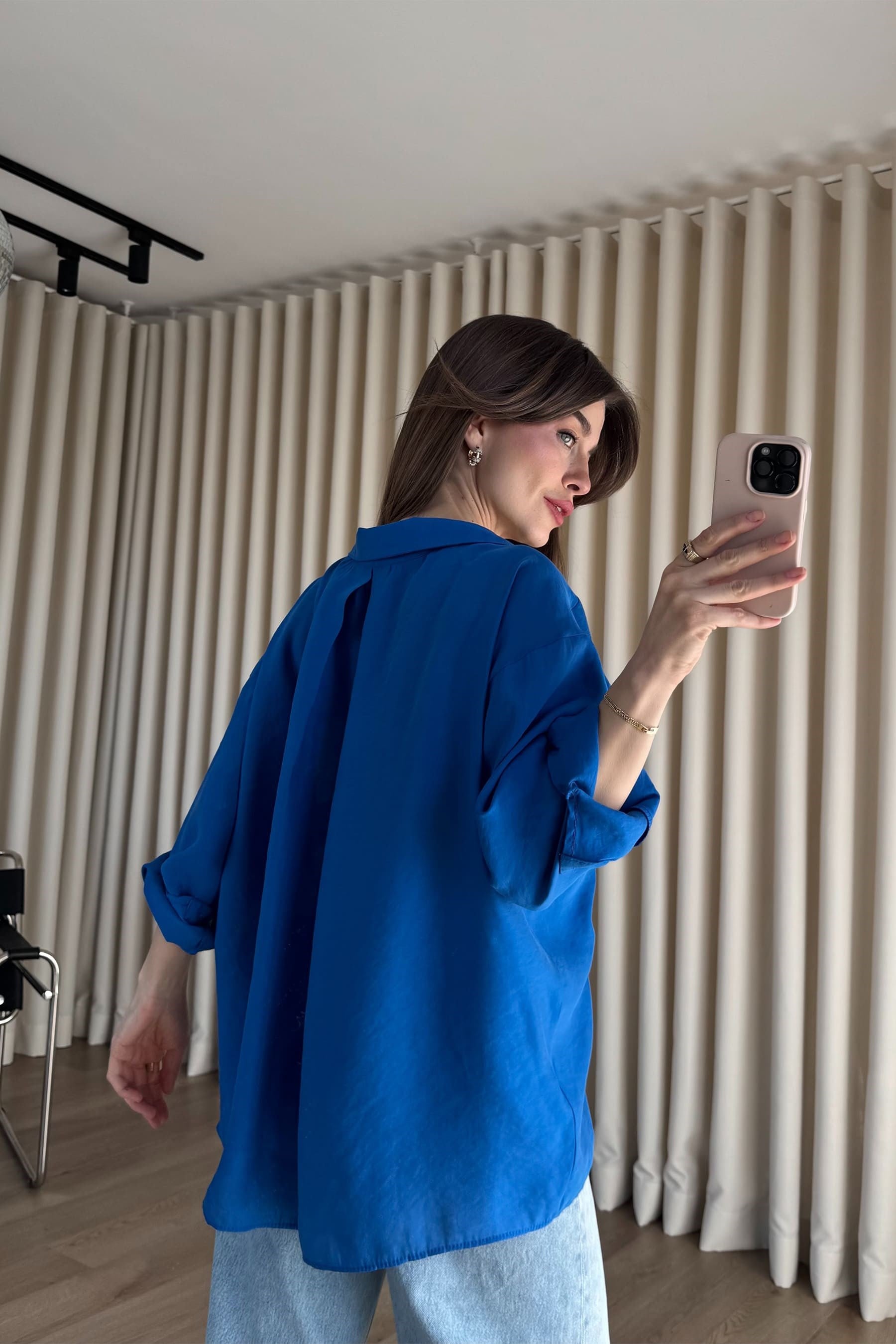 Saks Mavi Oversize Modal Kumaş Gömlek