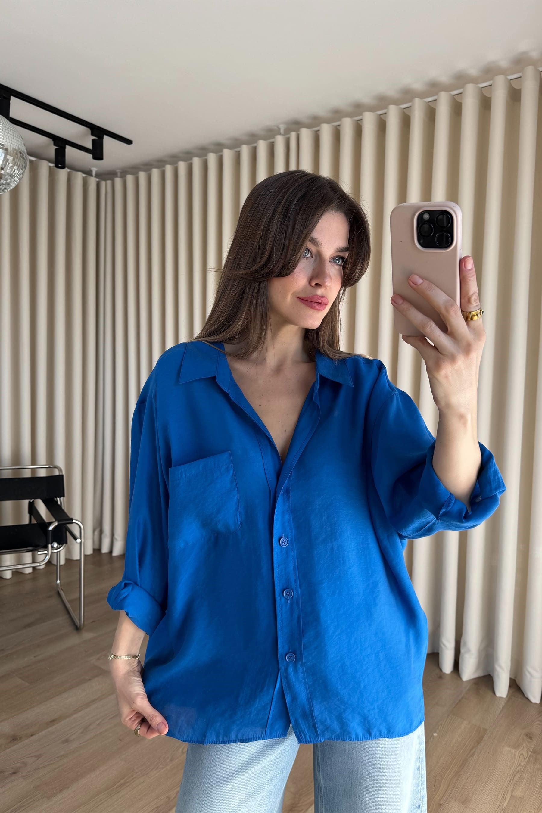 Saks Mavi Oversize Modal Kumaş Gömlek