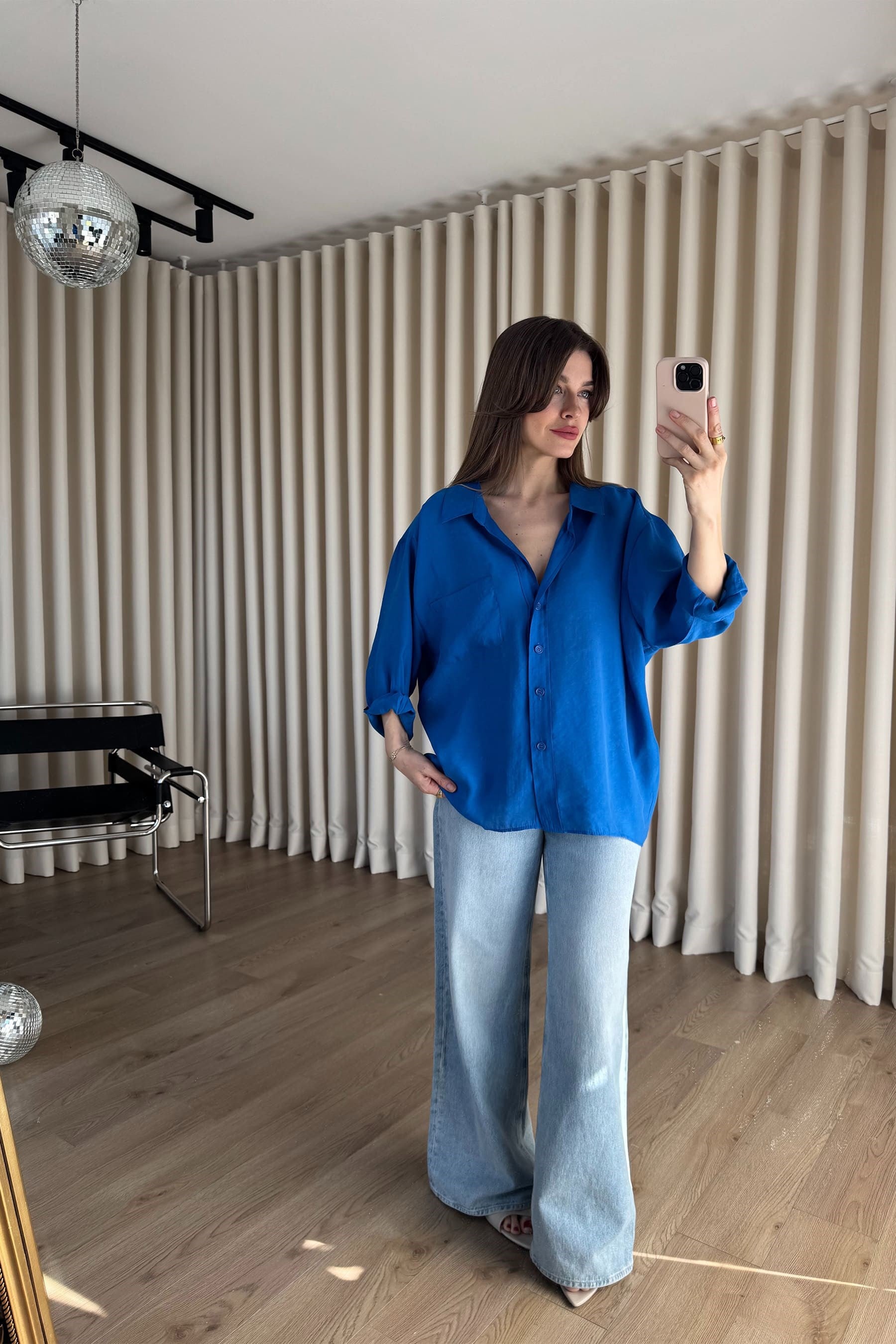 Saks Mavi Oversize Modal Kumaş Gömlek