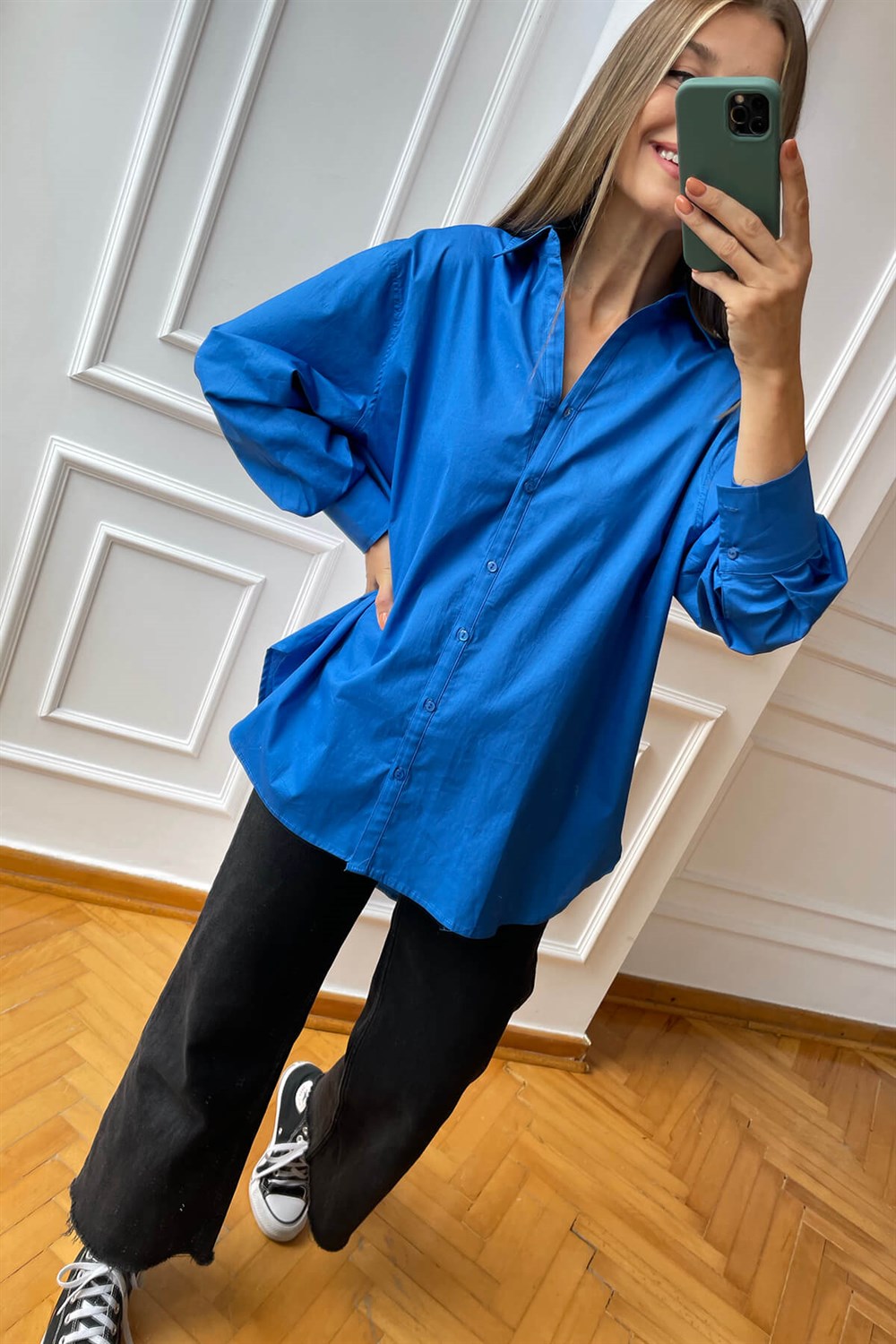 Saks Mavisi Arkası Uzun Oversize Gömlek