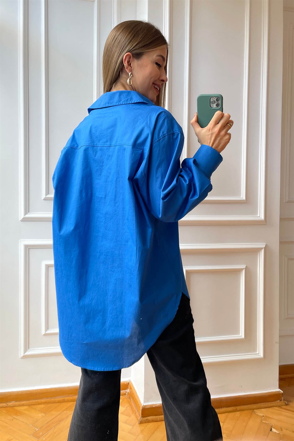 Saks Mavisi Arkası Uzun Oversize Gömlek