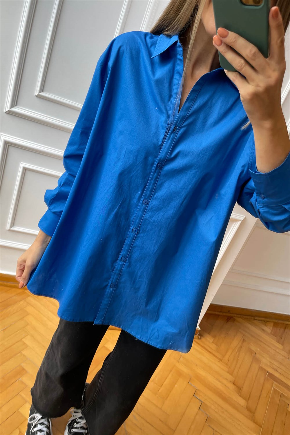 Saks Mavisi Arkası Uzun Oversize Gömlek