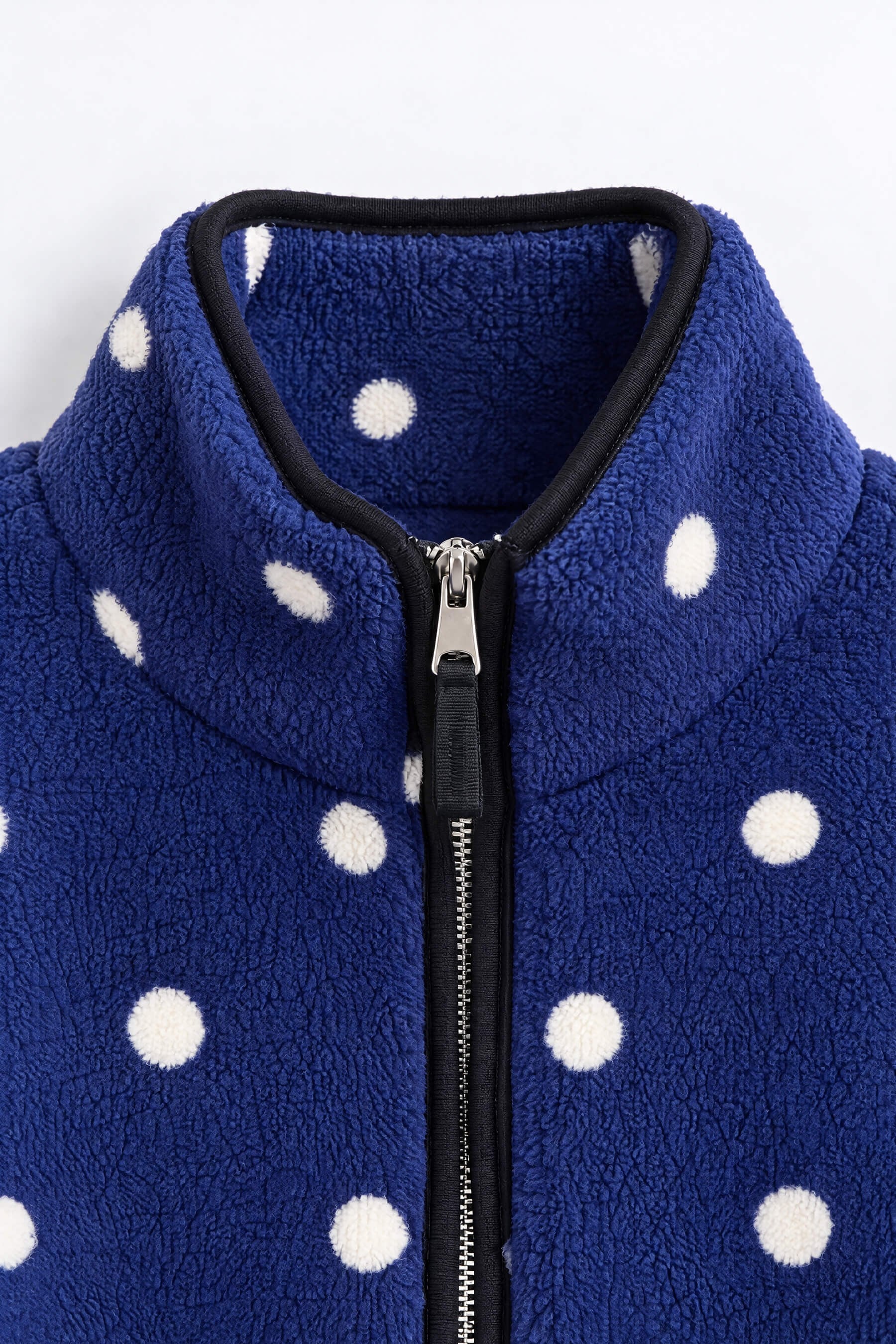 Saks Mavisi Beyaz Puantiyeli  Fermuarlı Oversize Peluş Sweatshirt