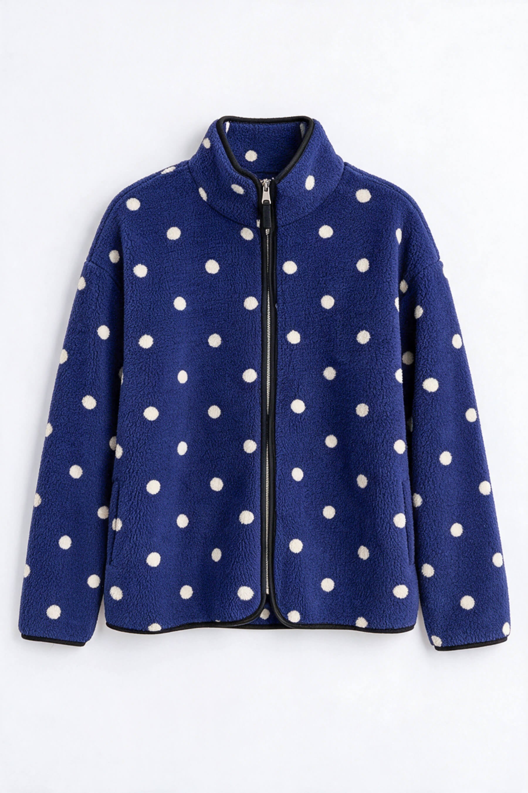 Saks Mavisi Beyaz Puantiyeli  Fermuarlı Oversize Peluş Sweatshirt