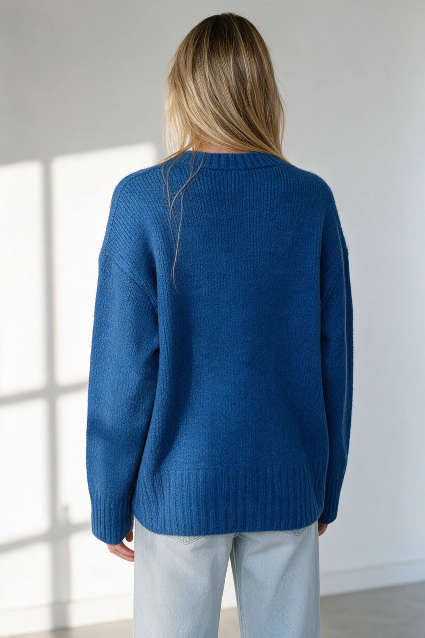 Saks Mavisi Bisiklet Yaka Dokulu Oversize Kazak
